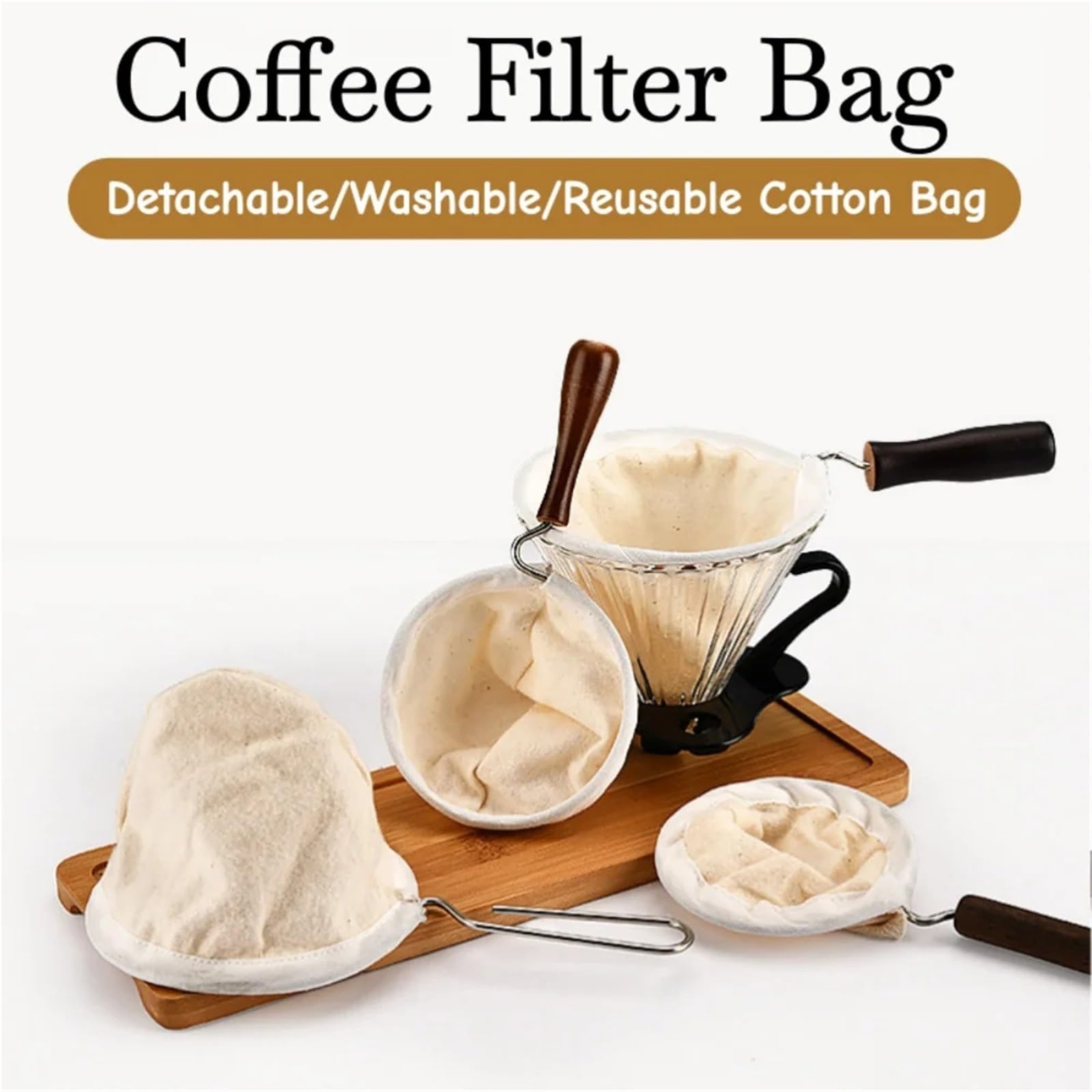 Filtro de café tela 2 bolsas filtro con asa, franela reutilizable, red goteo for preparar, té, herramienta filtrado for el hogar(Wooden Handle -L)