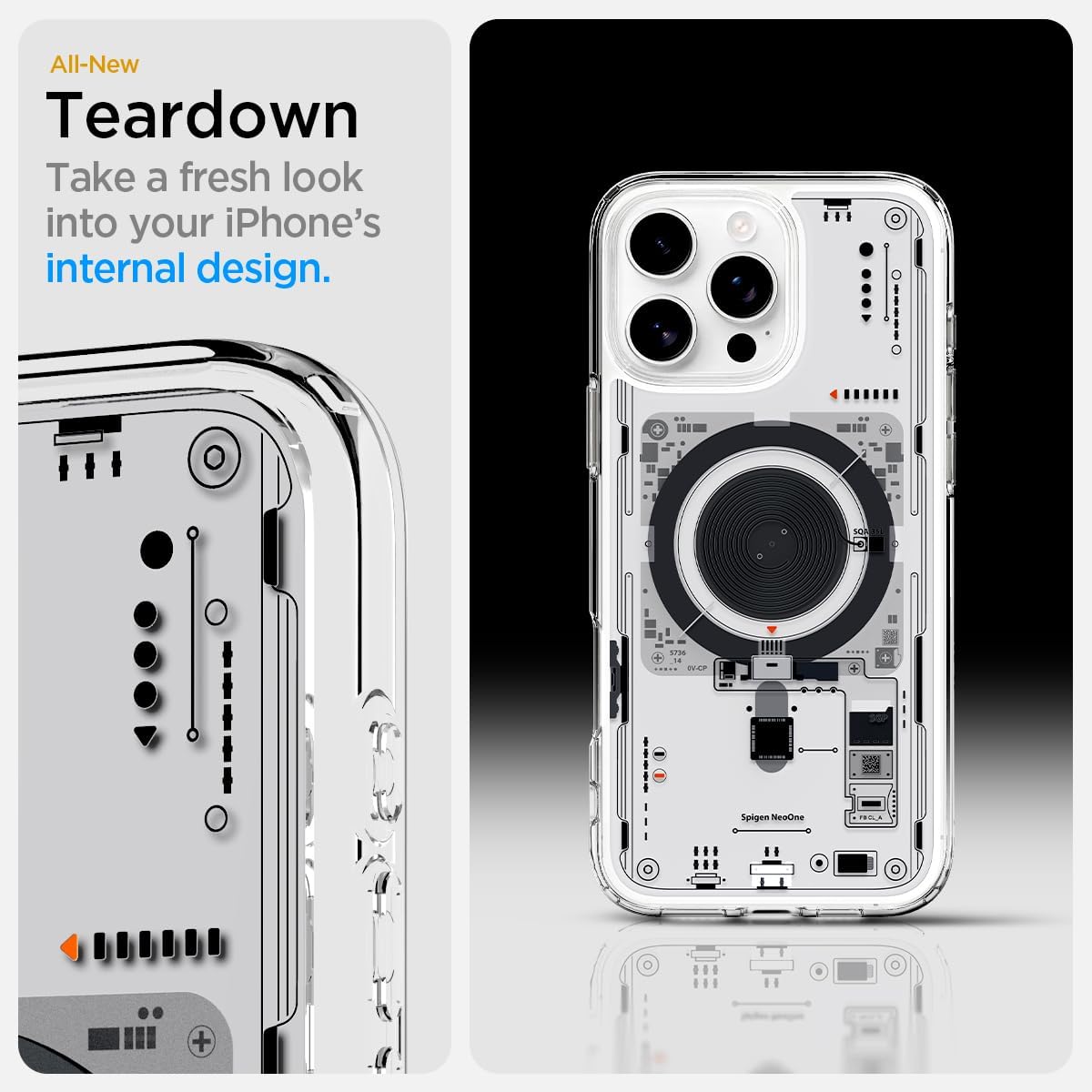 Close-up of Spigen case showing raised edges around camera and screen for protection.