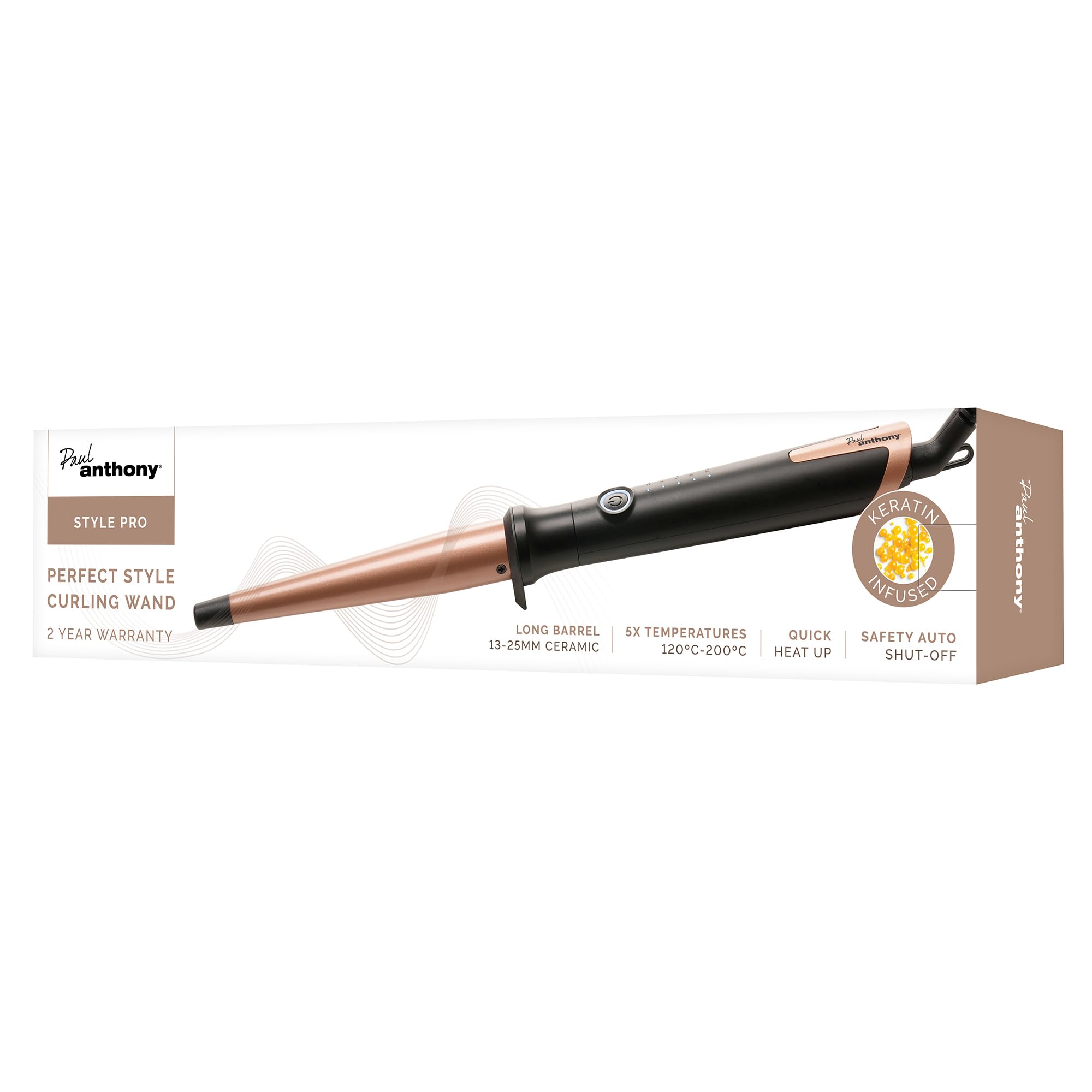 Paul Anthony 'StylePro' 13-25mm Ceramic Curling Wand Styler with Keratin, 5X temperatures, Quick Heat up, 60 Minutes Safety Cut Out - H2119