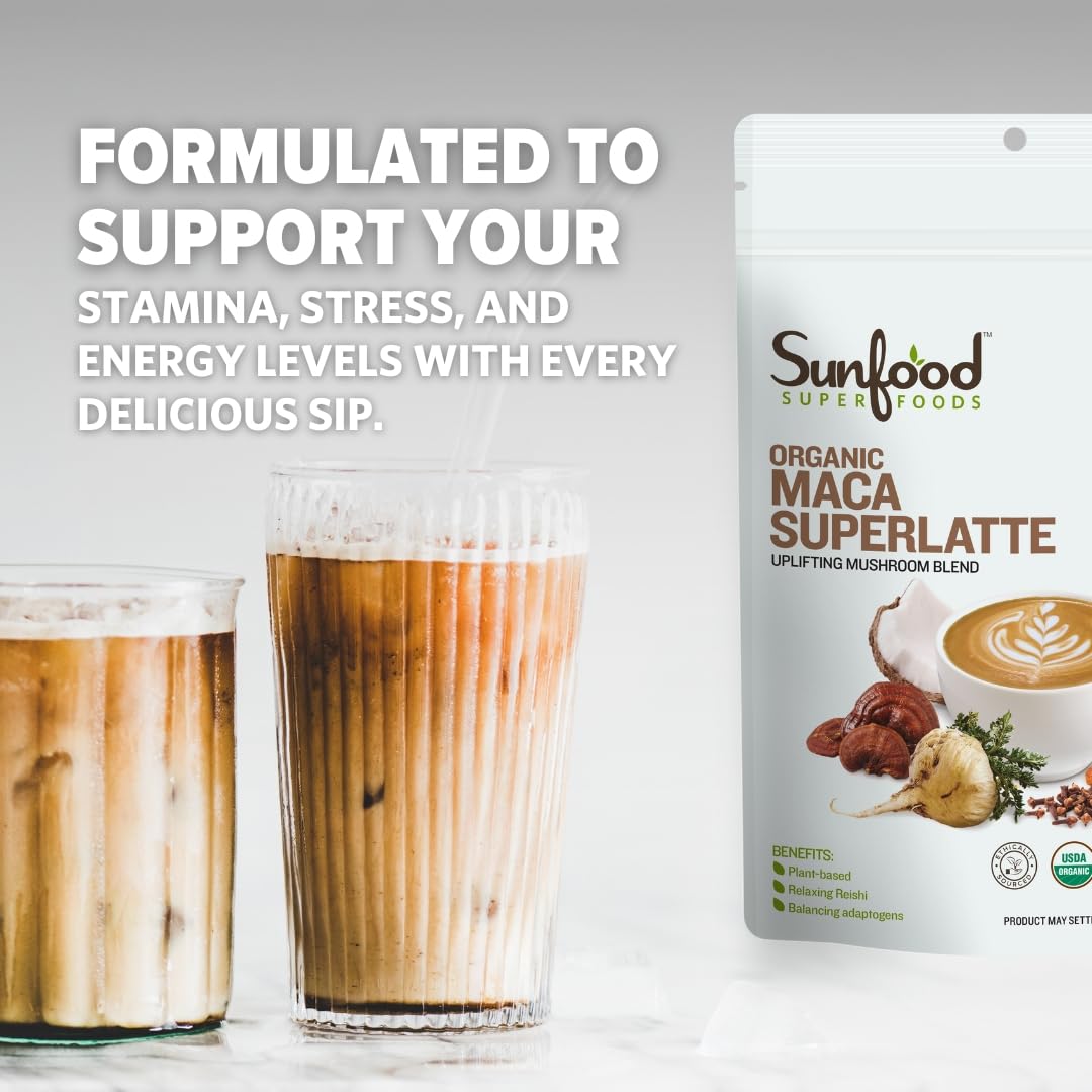 Sunfood Superfoods Organic Maca Superlatte - Maca Root Powder, Adaptogen Supplement for Men & Women with Reishi Mushroom, Coffee & Tea Alternative, Peruvian, Raw, Vegan, USDA Organic - 8 Oz Bag thumbnail 5
