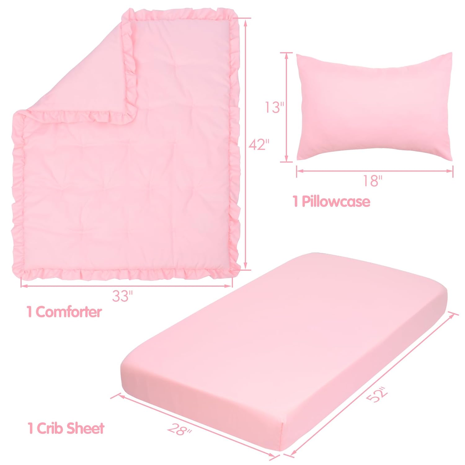 JISEN 3 Piece Crib Bedding Set Soft Baby Ruffle Crib Comforter Set with Quilt, Sheet, Pillowcase - Nursery Bedding for Boys or Girls Pink