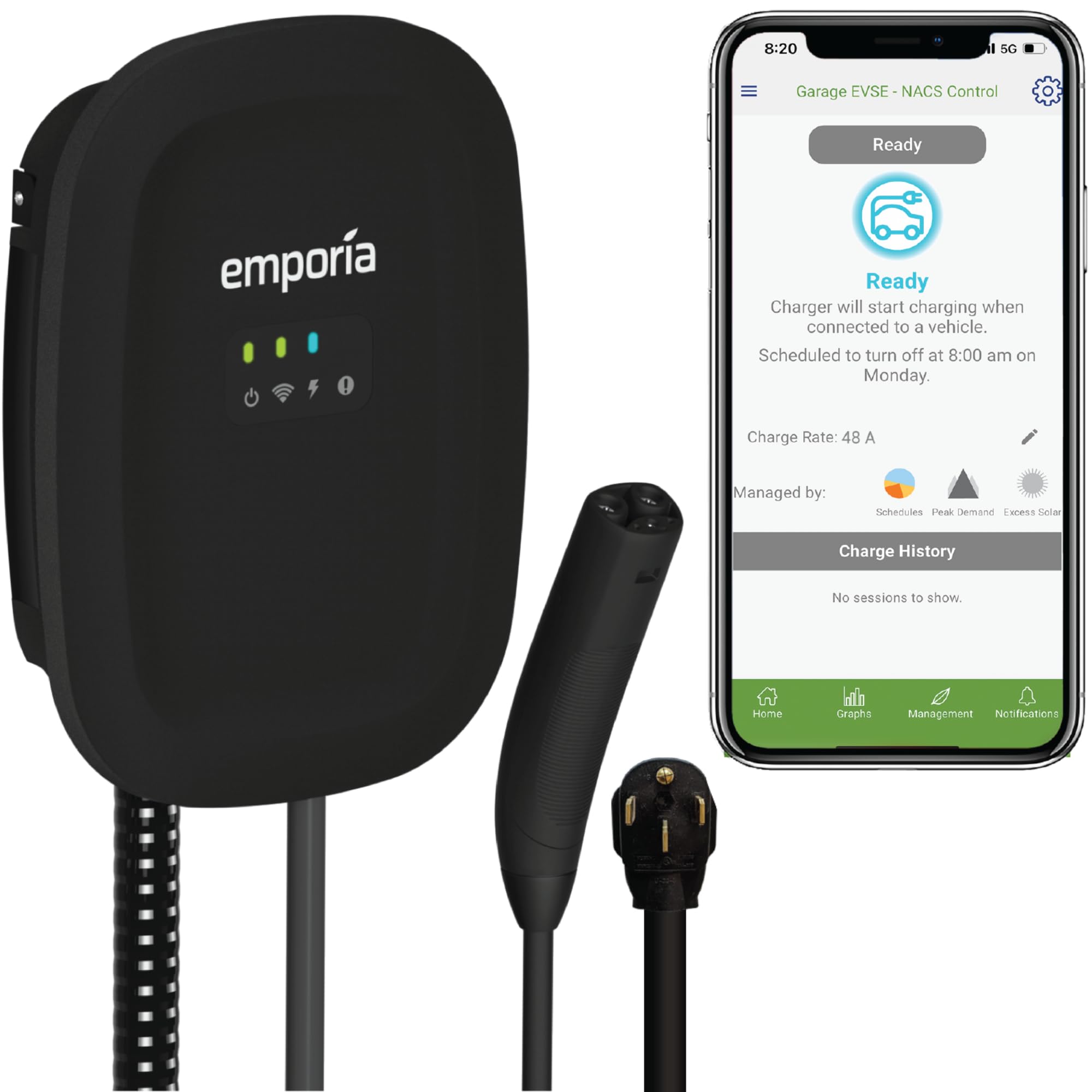 EMPORIA ENERGYLevel 2 EV Charger - NEMA 14-50 EVSE with NACS, Tesla Compatible - 48 Amp Level 2 EV Charger, 240V EV Charging Station, UL/Energy Star, Cord