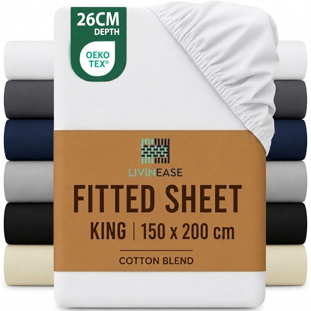 LivinEase King Size Fitted Sheet -10inch(26cm) Deep Cotton Blend Kingsize Fitted Sheets -Bobble Free, Easy Care, Soft and Comfortable White Bed Sheets (White, King) โ image 1