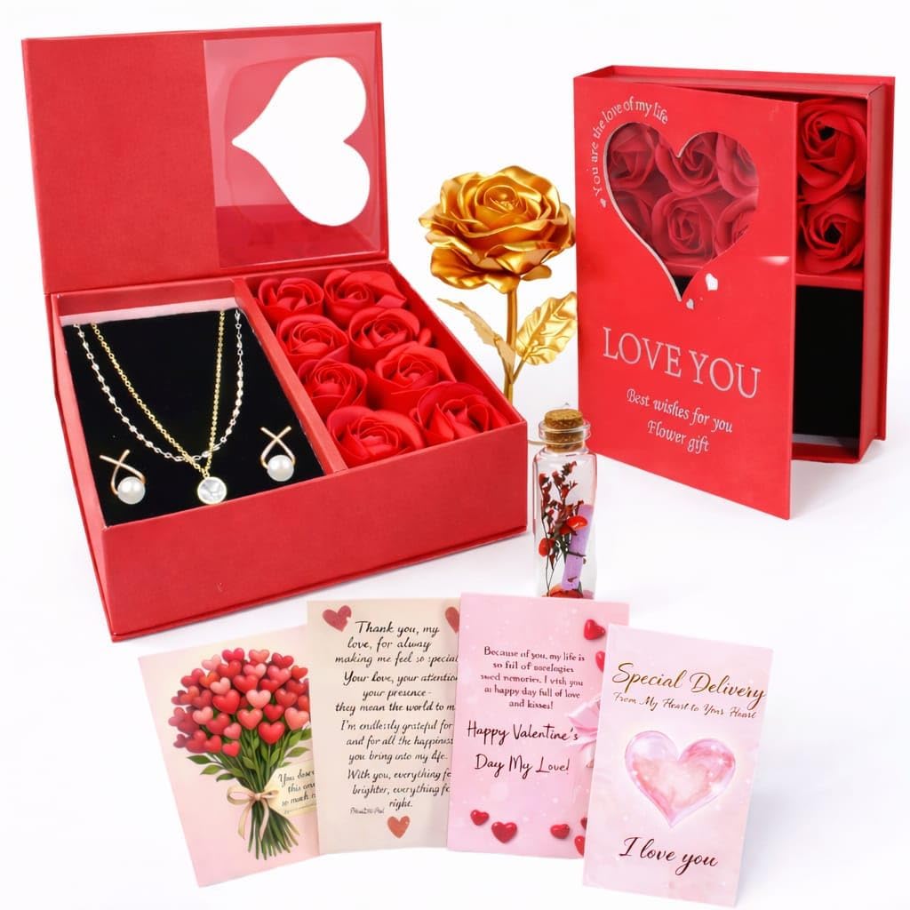 Yadava Artificial Red Rose Flower for Valentine Day Gift Romantic Gift for Girlfriend Boyfriend Husband Wife | Cute Star Keychain, Message Bottle & Love Cards in Premium Gift Box (vlnt_lvBook)