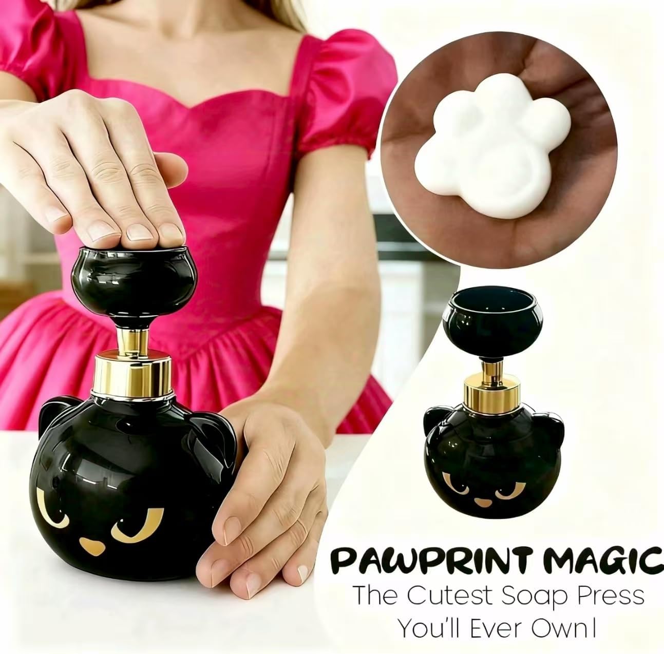 Cat Paw Print Soap Dispenser, Press Foaming Hand Soap Pump for Bathroom and Kitchen, Refillable Cat Lover Gift with Bonus Handkerchief - Image 3