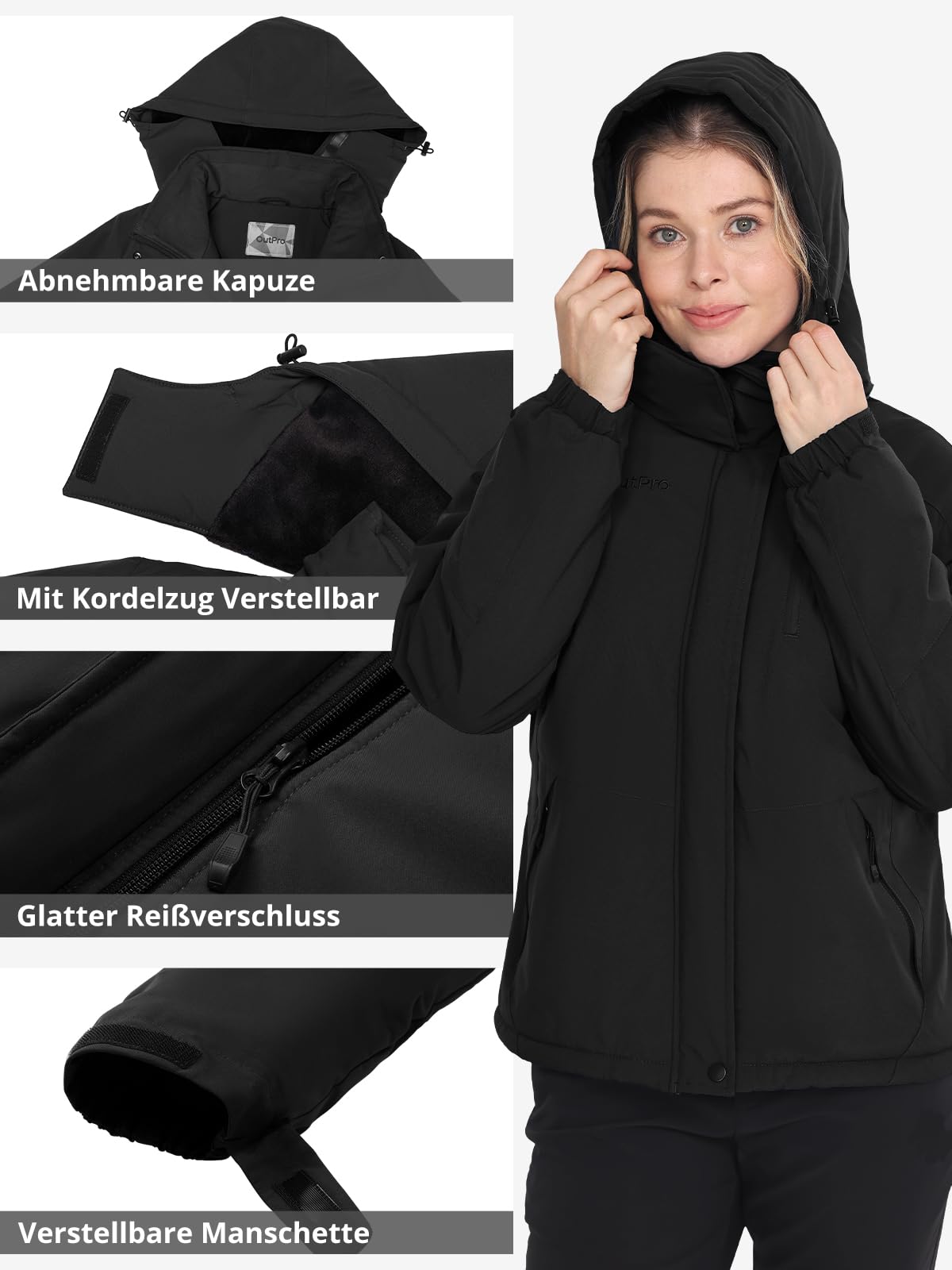 OutPro Winterjacke Damen Wasserdicht Skijacke Snowboardjacke Hooded Warm Dickes Gänsedaunenfutter Doppelte Seitentaschen Wanderjacke mit Reißverschluss für Outdoor-Aktivitäten