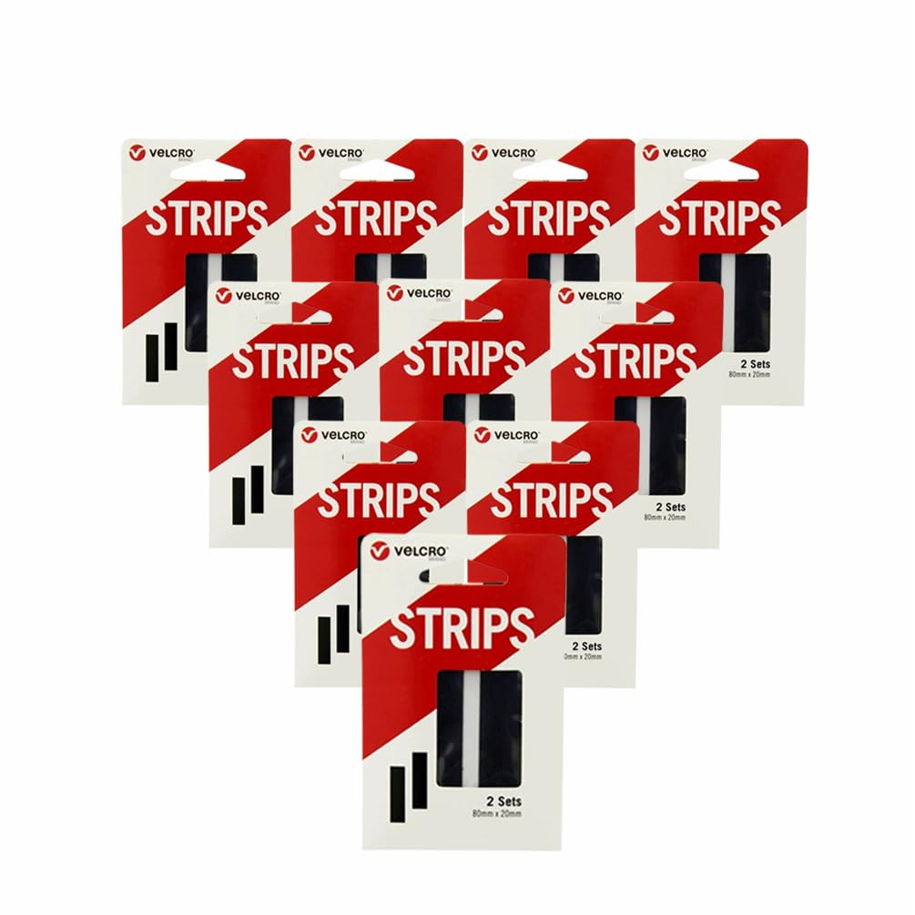 20 x Velcro Brand Hook & Loop Stick On Black Strips | Strong & Sticky Self-Adhesive Mounting Fastener for DIY & Crafts | Perfect for Room Decor, Posters, Home, Office, School & Garage | 80mm x 20mm