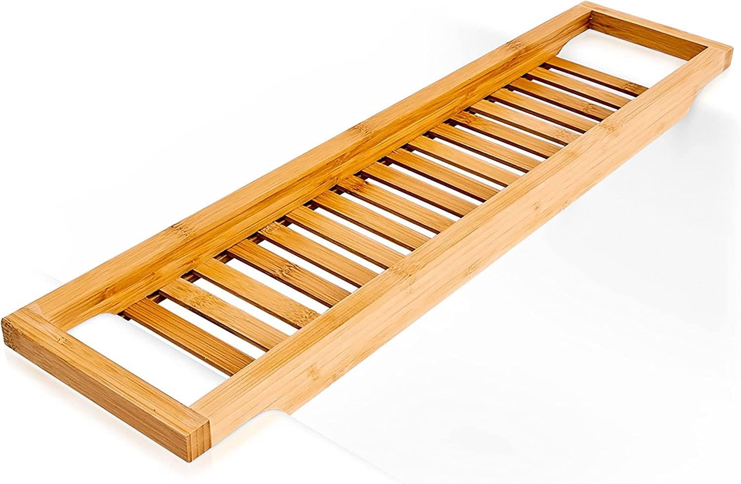 Mantraraj Natural Bamboo Caddy Organiser Wood Bath Tub Rack Bathroom Shelf Tidy Tray Storage Organiser Bath Caddy Bridge Wooden Bathtub Tray Rack Holder Organiser (Natural)