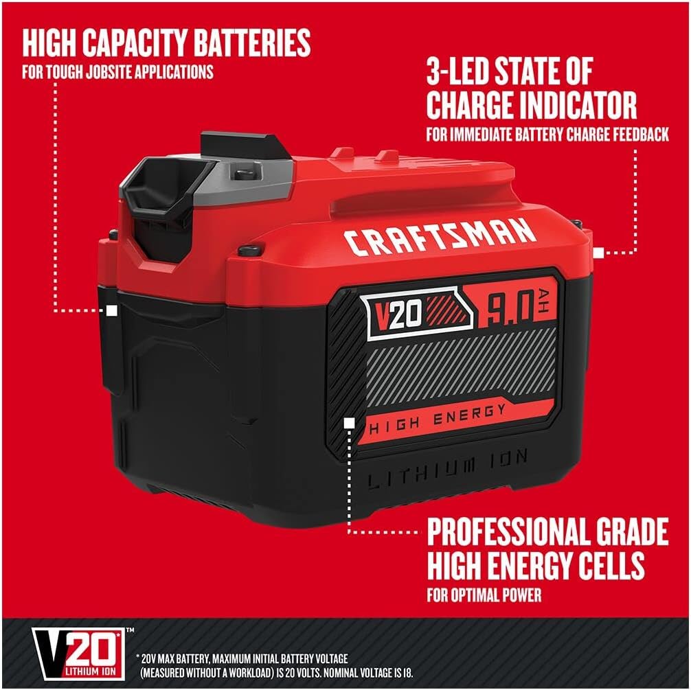 CRAFTSMAN V20 Lithium Ion Battery for Power Tools, 9 Ah, LED Charge Indicator (CMCB209) - Image 2