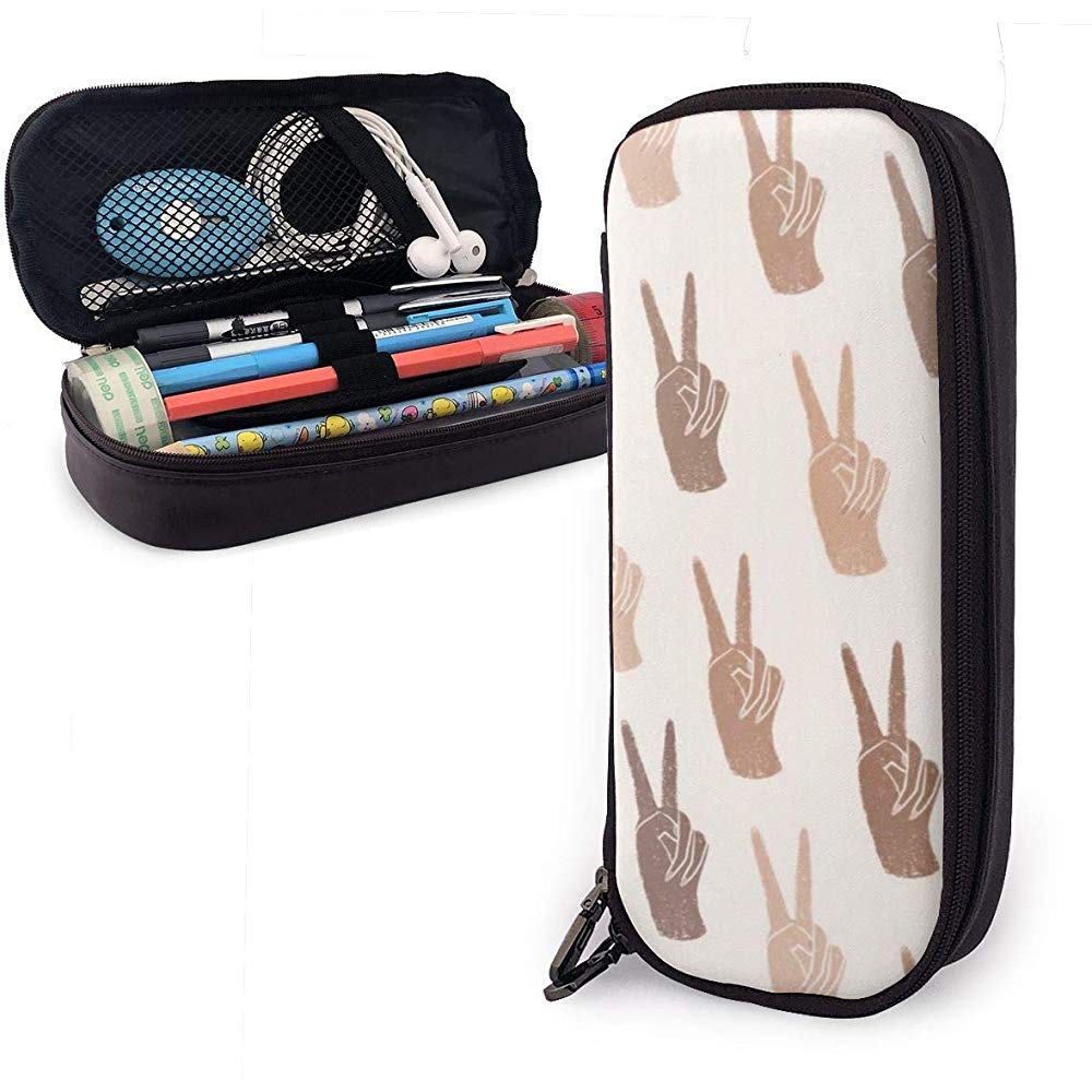 Victory Sign (2) Cute Pen Pencil Case Leather Pencil Pouch Bag Pen Holder Box for School Office Girls Boys Adults