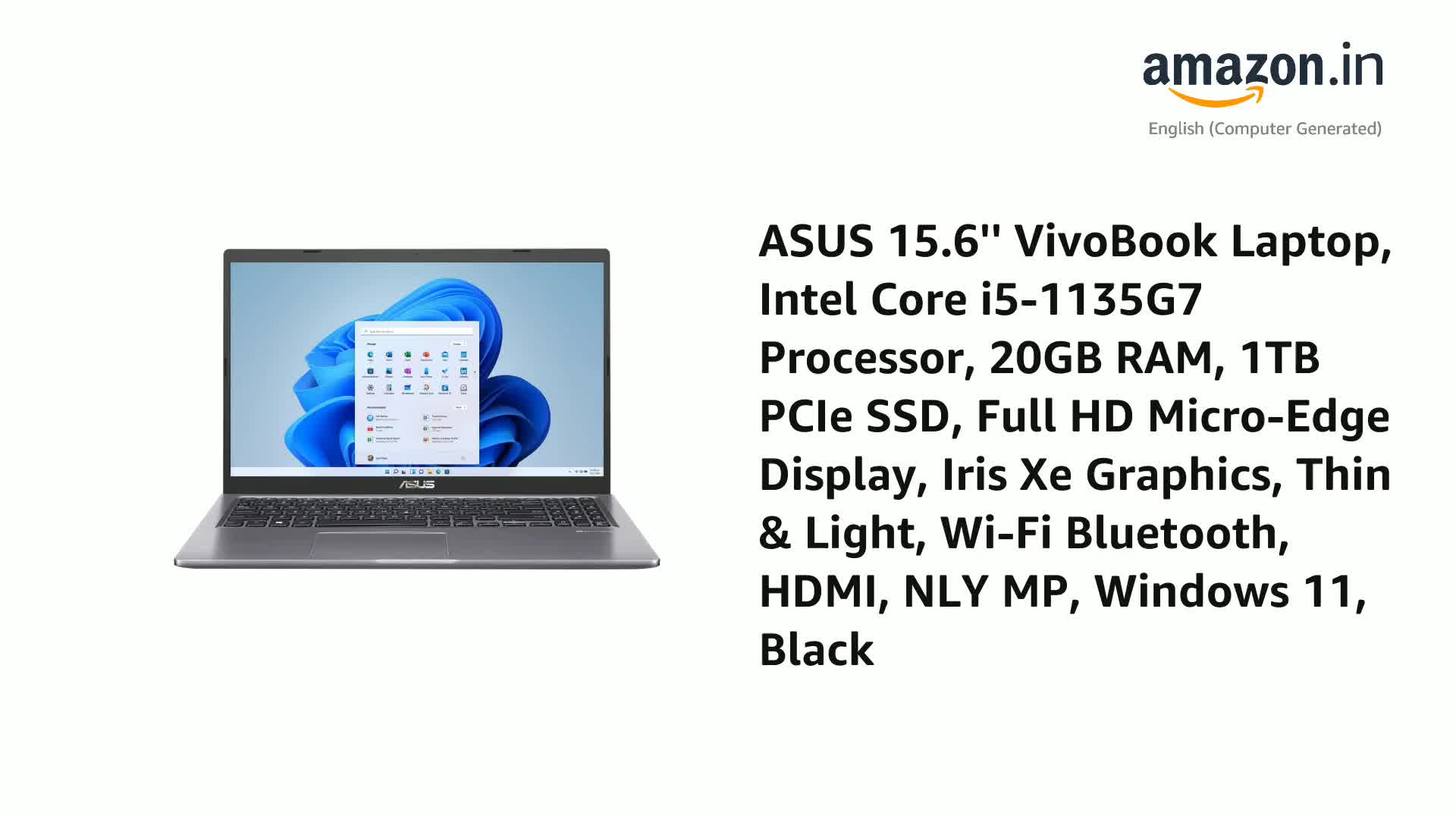 ASUS 15.6'' VivoBook Laptop, Intel Core i5-1135G7 Processor, 20GB