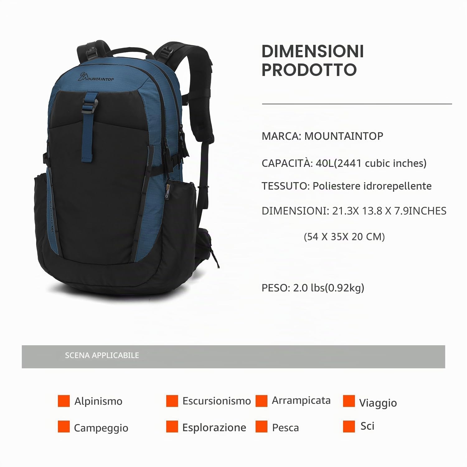 MOUNTAINTOP Zaino da trekking da uomo e da donna, 30 l/40 l, per uso quotidiano e all'aperto, escursioni di giorno e ciclismo