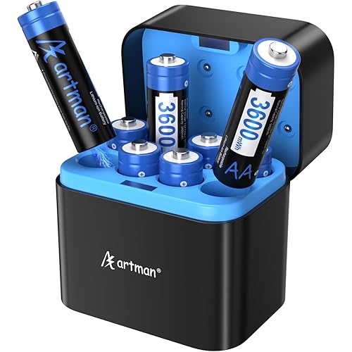 Artman Rechargeable AA Batteries Lithium with Fast Charger, 8 Pack 3600mWh AA Lithium Batteries for Blink Outdoor Camera, 1.5V Constant Output Double A Battery with 2000+ Cycles Charging Time (Black)