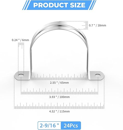 Miniatura 4 de 24 abrazaderas de conducto de acero inoxidable 304 de 2 916 pulgadas (2.559 in), abrazadera de tubo en U, abrazadera de tubo de 2 agujeros, correa