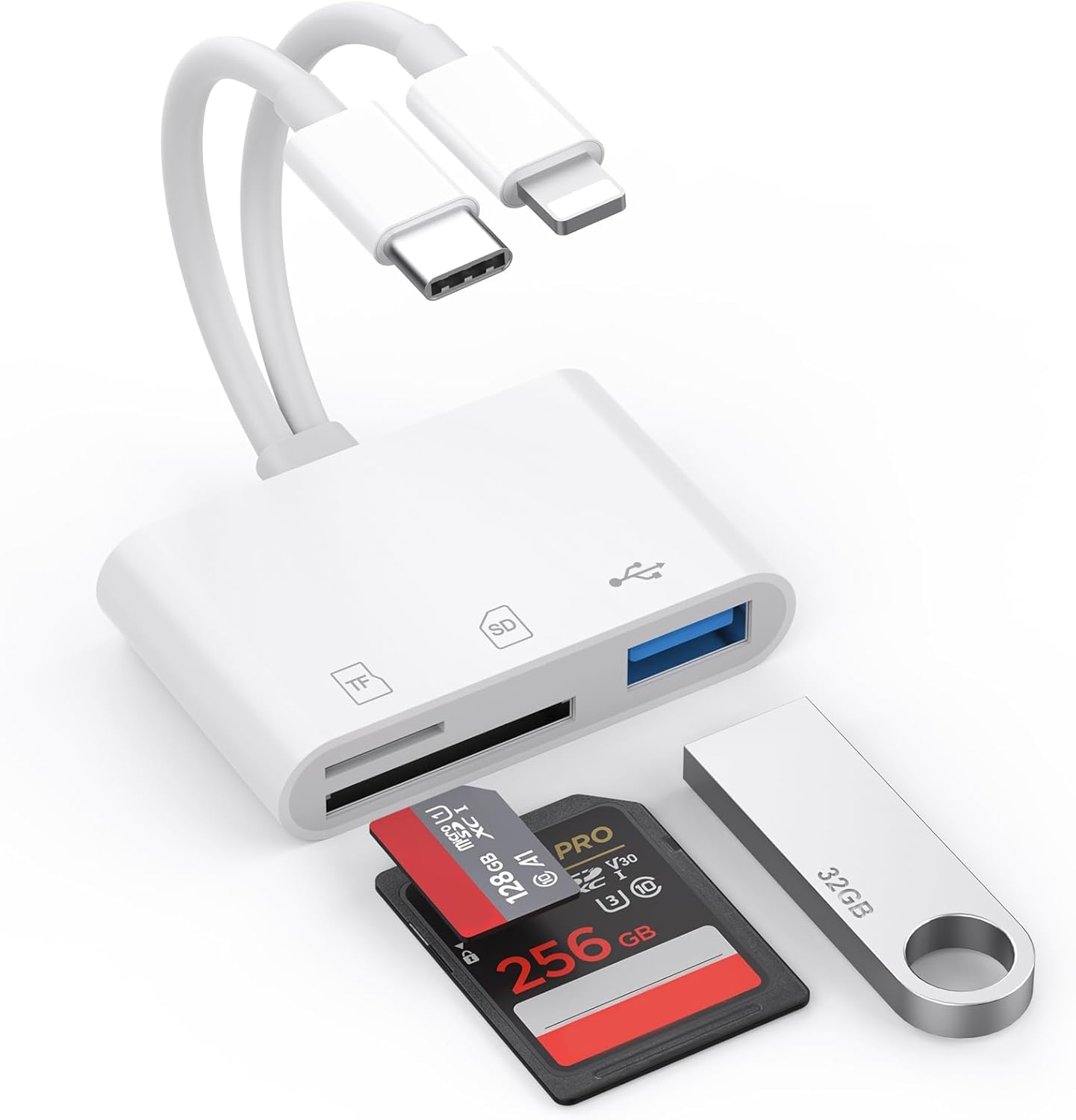 Aplimln SD Card Reader for iPhone iPad Mac, Lightning & USB-C Dual Connectors Memory Card Reader with SD/Micro SD/USB-A 3 Slots, Digital Camera Adapter to iPhone, Plug & Play