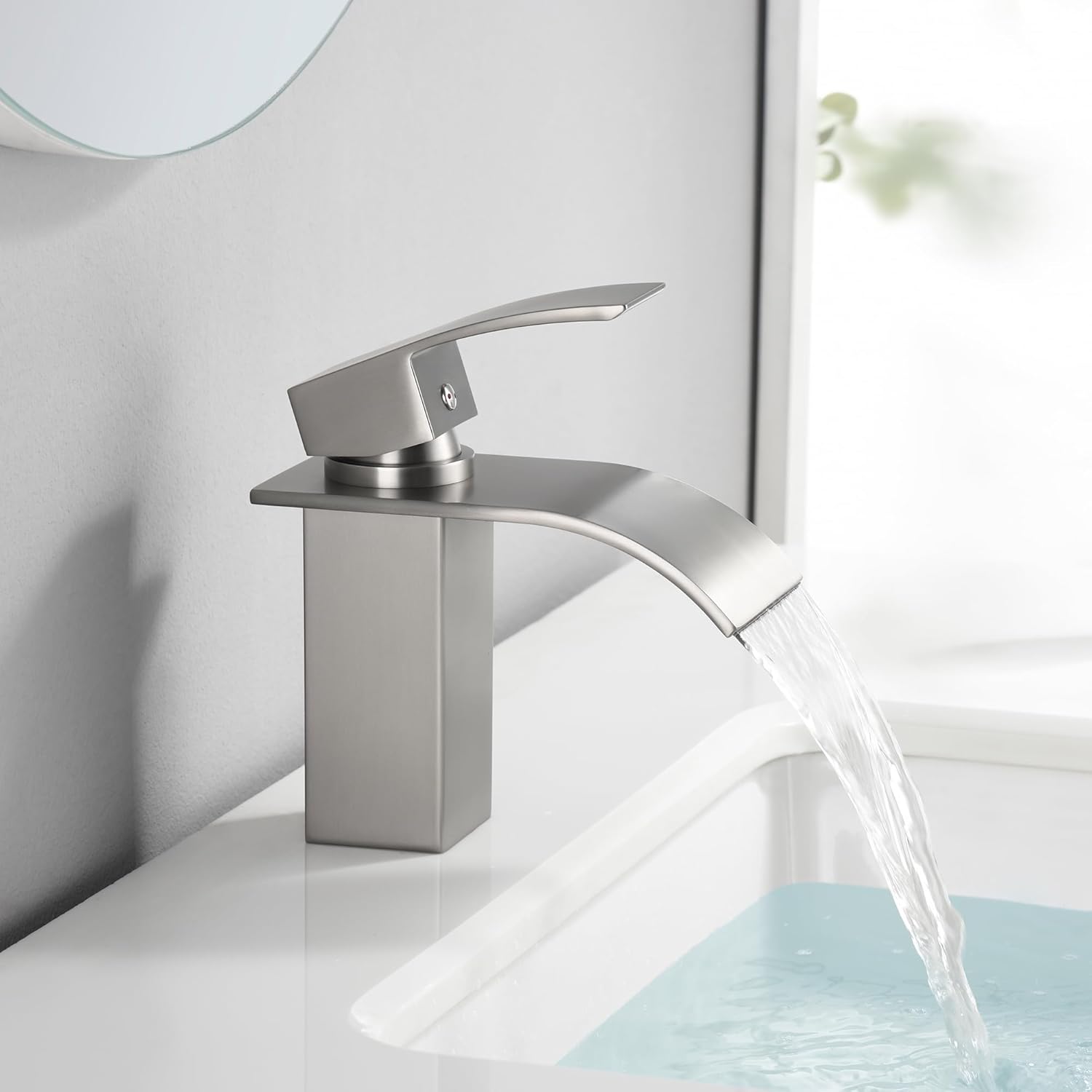 SUMERAIN Bathroom Sink Faucet Waterfall Single Hole Single Handle Basin Mixer Tap Stainless Steel Brushed Nickel Vanity Faucet