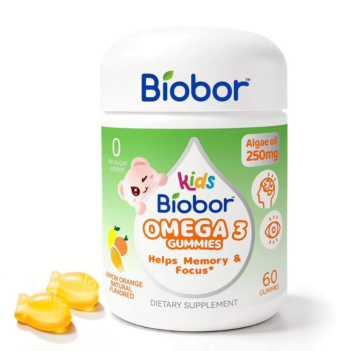 Biobor Kids DHA Algal Oil Gummies, 100mg DHA Omega-3, 60 Count