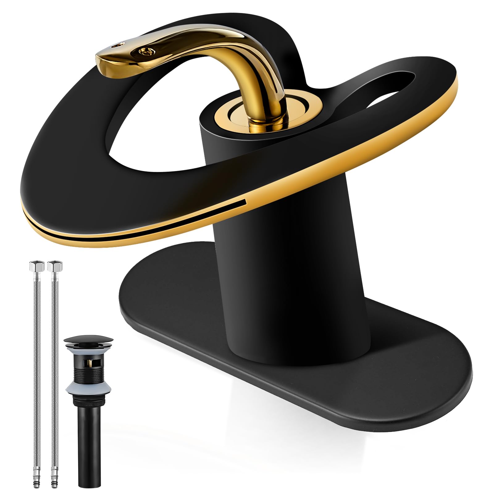 Black Gold Waterfall Sink Single Hole Vanity 1 Handle Brass Modern Unique Bathroom Faucets 2 Tone Single Lever