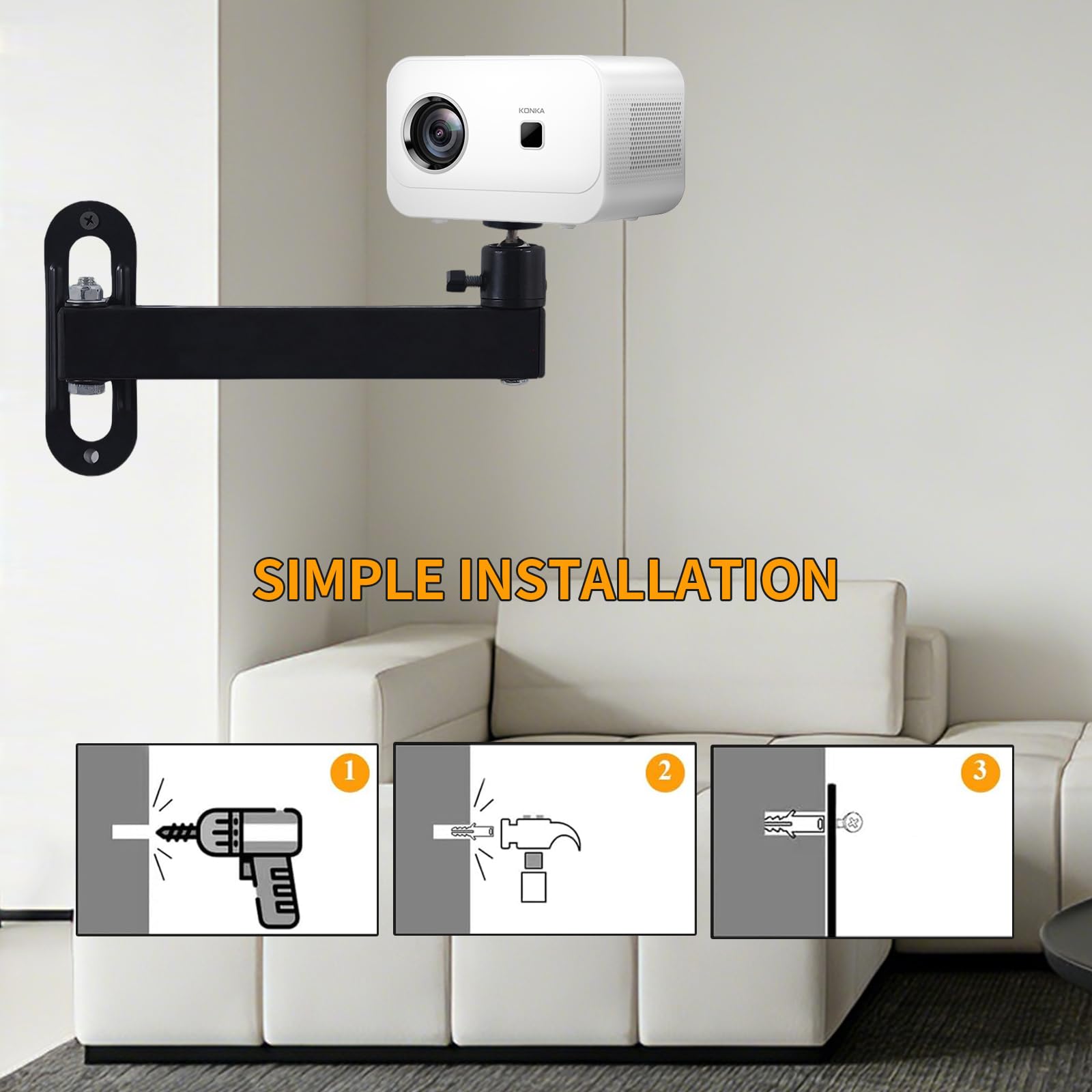 Supporto da Parete per Proiettore,Supporto da parete regolabile, ruotabile a 360°, supporto per proiettore in metallo con interfaccia a vite da 1/4 di pollice per home cinema, ufficio, sala giochi