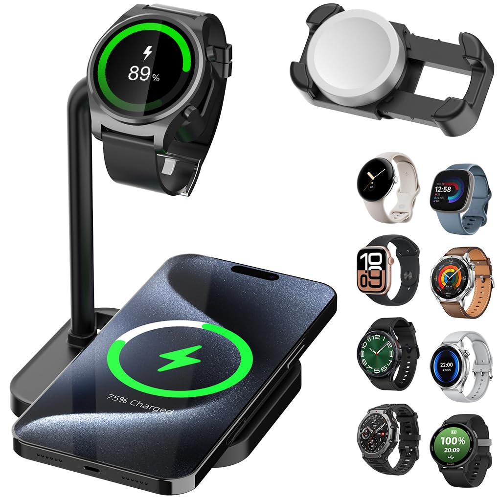 Universal 2 in 1 Wireless Charger Dock with Adjustable Smartwatch Stand, Compatible with Samsung Galaxy, Google Pixel, Huawei, Garmin, AMAZTIM, Fossil