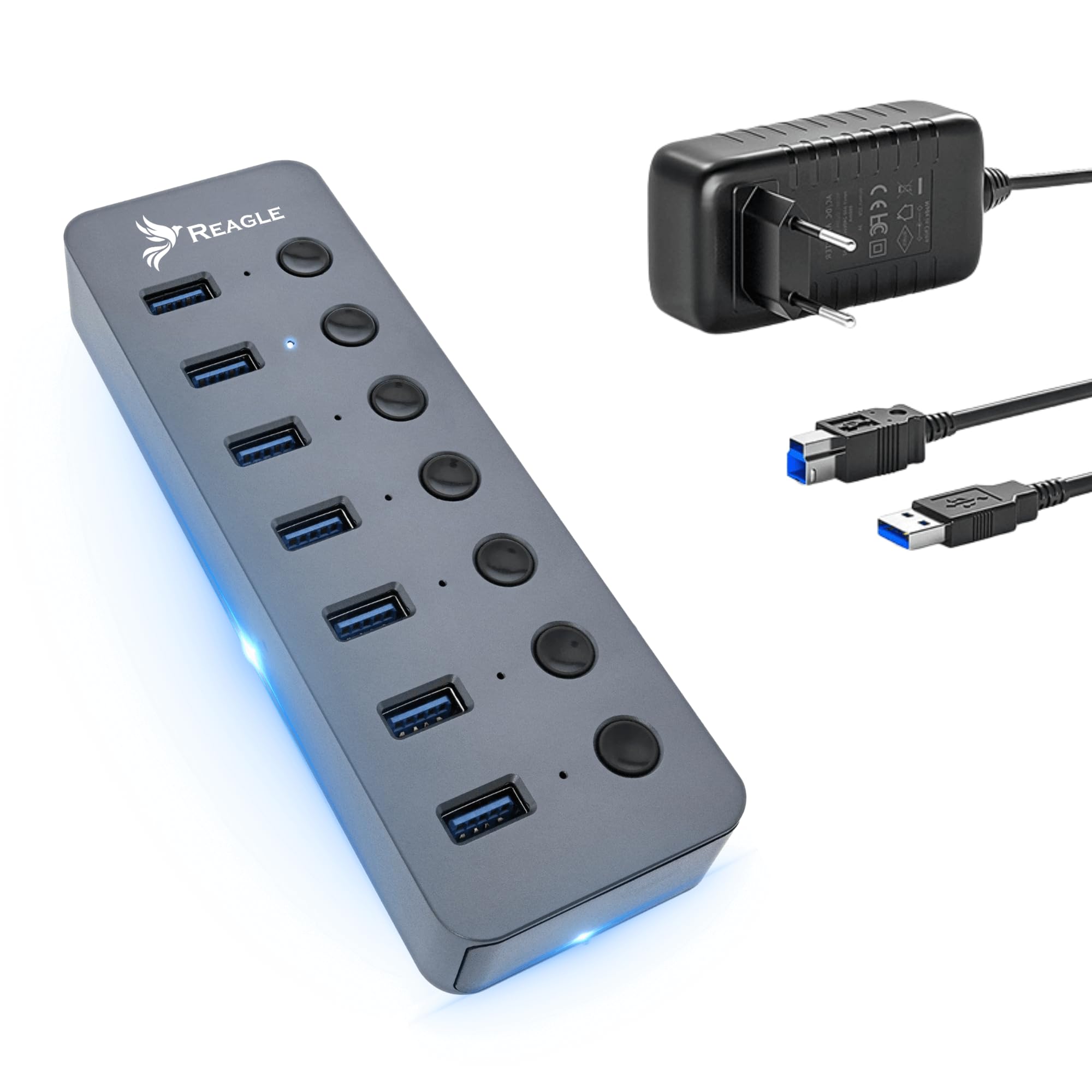 Reagle Hub USB 3.2 Gen 1-7 Ports USB-A avec Bloc d'alimentation de 24 W, Interrupteur Unique, SuperSpeed 5 Gbps, Plug & Play, boîtier en Aluminium - Idéal pour Ordinateur Portable et PC