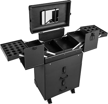 Professional Makeup Artist Rolling Train Case Lockable 3 in 1 Rolling Makeup Case Cosmetology Case on Wheels, Portable Cosmetic Organizer Trolley, Nail Technician Salon Cart Black