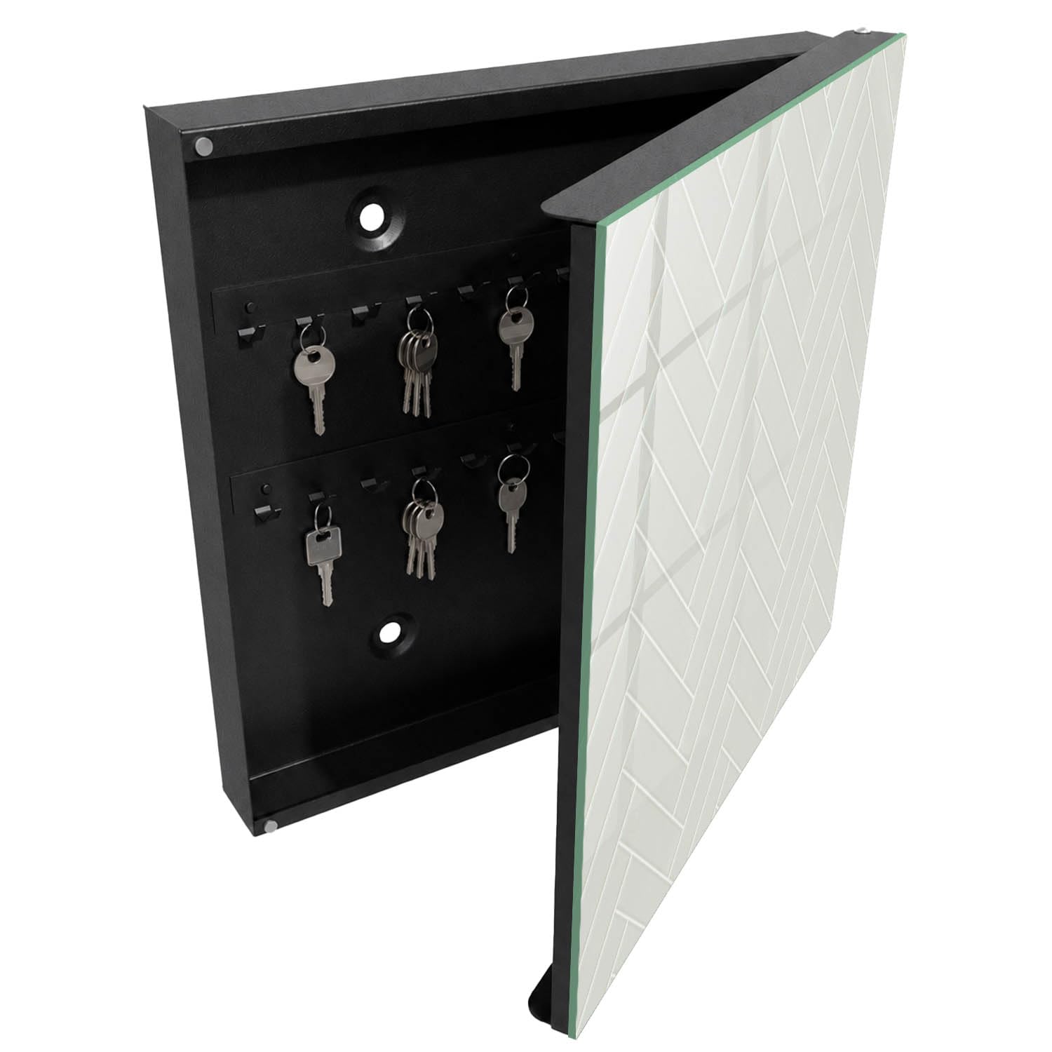 Armadietto Portachiavi 30x30 cm | Nero | A Destra | Montaggio a Parete | Spina di pesce delicata | per Uffici | Tasselli e Viti Inclusi | in Metallo | Frontale Decorativo in Vetro Temperato