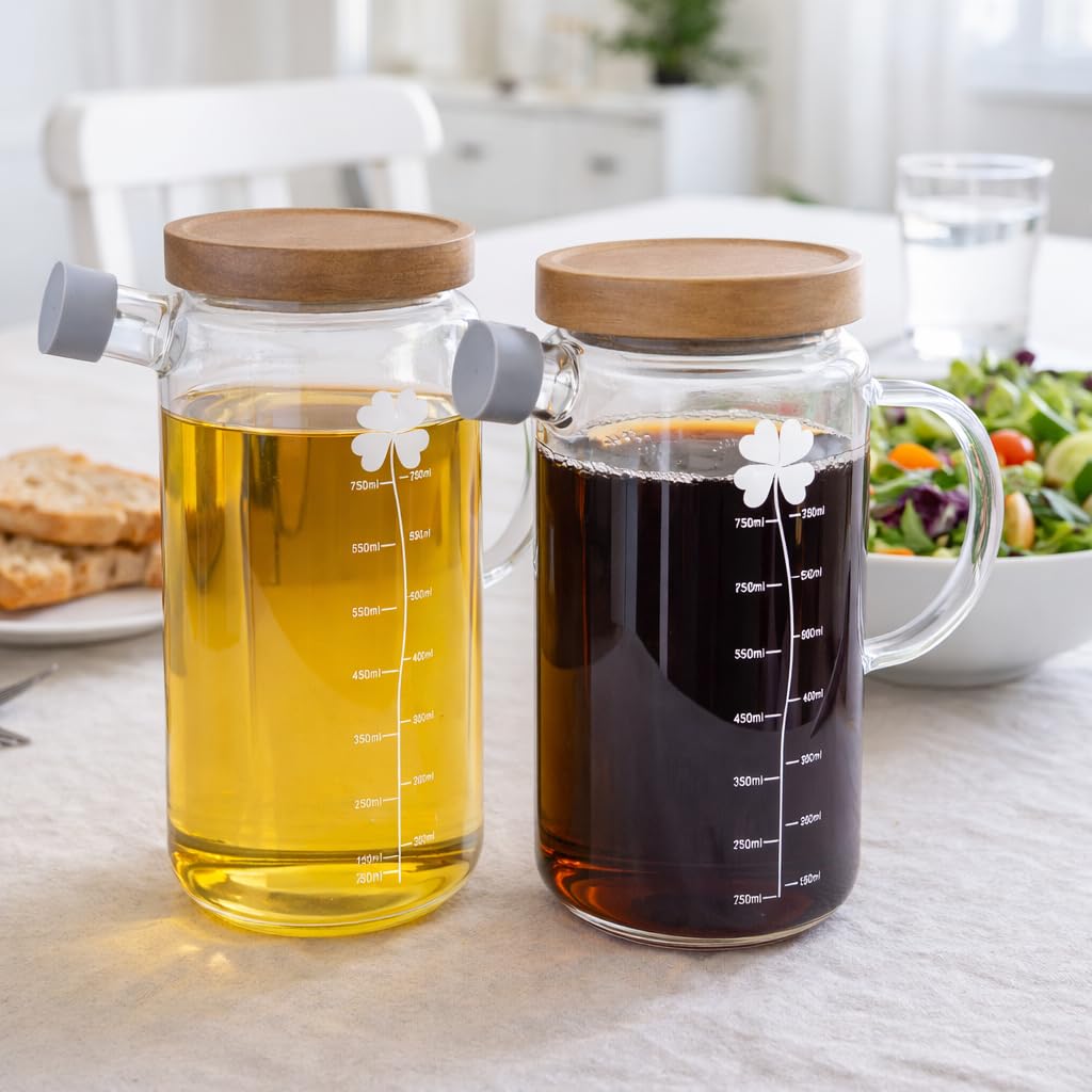 Eden & Willow Glass Olive Oil Bottle, Vinegar Cruet Bottle with Non-Drip Spout – Kitchen Cooking Oil Dispenser Drizzler with Acacia Wooden Lid and Handle (550ml, 2pcs)