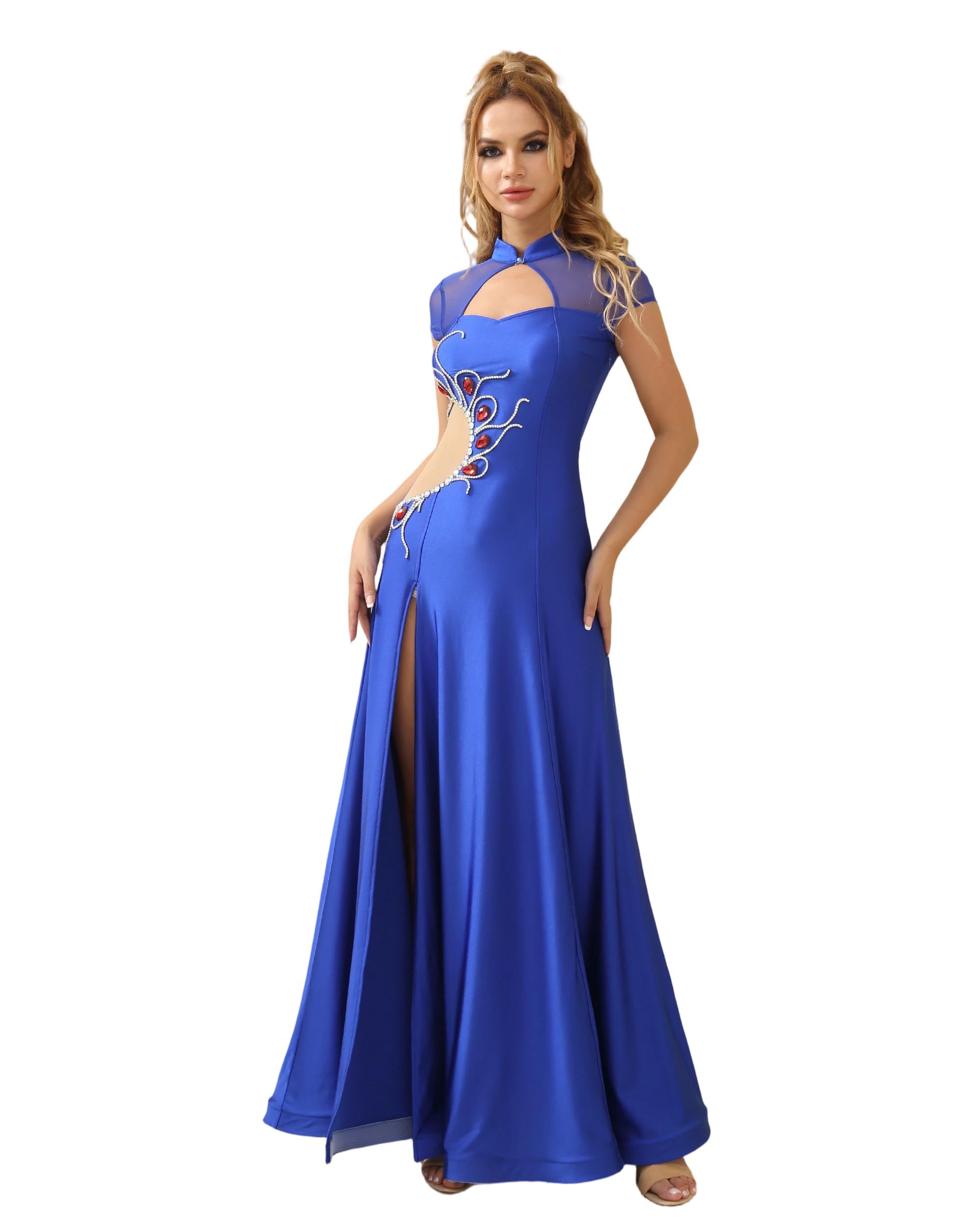 ROYAL SMEELA Vestido de Danza del Vientre Azul Mujer,Vestidos de Danse orientale con Strass, Traje de Bailarina del Vientrecon Mangas Cortas