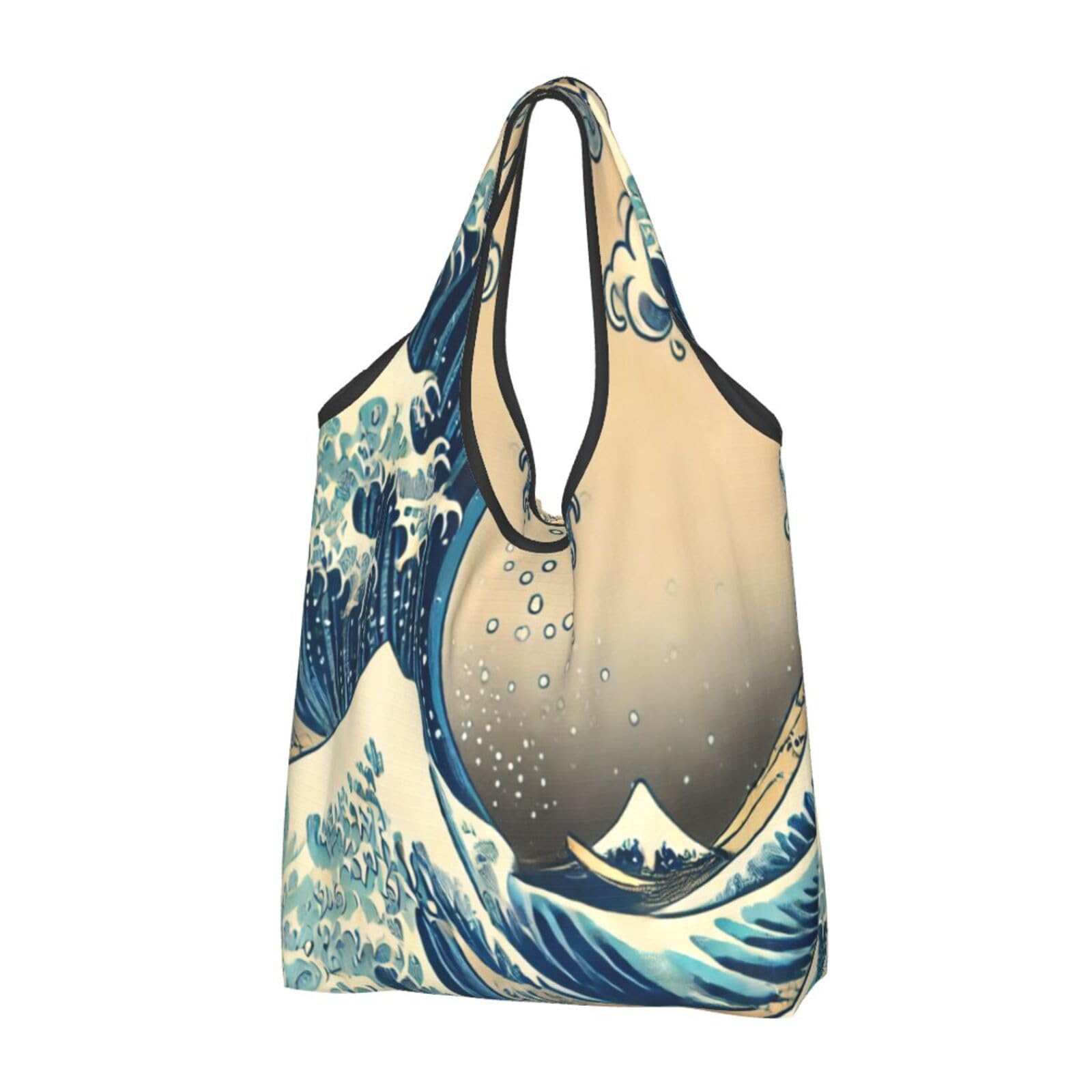 allgobee Large Reusable Foldable Shopping Bag,Ukiyo-E Japanese Big Wave Art Kitchen Carry Tote,Grocery Pouch