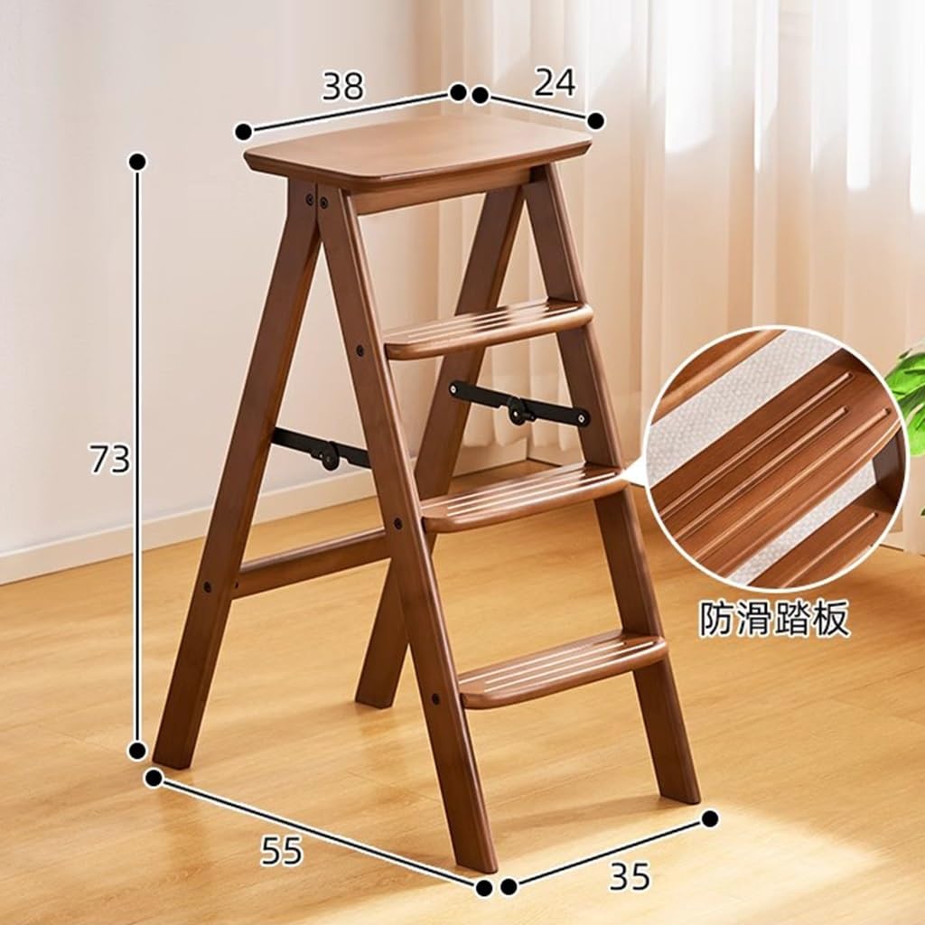 Escalera y taburete plegable de madera de 4 escalones, taburete portátil antideslizante y estante de exhibición para el hogar y la cocina, solución de almacenamiento multifuncional