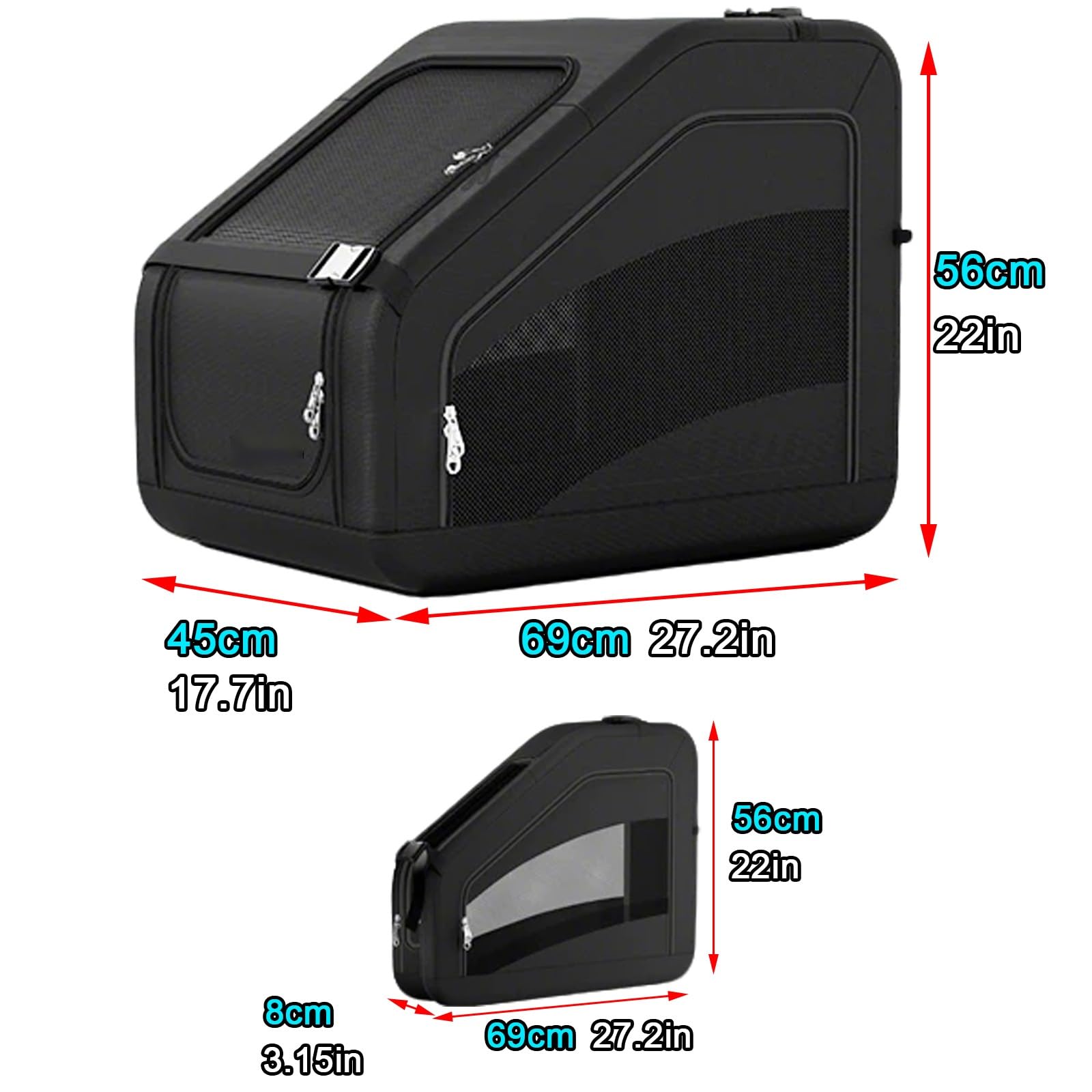 Hundetransportbox Auto Faltbar 3 Eingänge mit Sicherheitsgurten Transportbox Hund Groß Verstärkter Rahmen für Kleine Mittlere Hunde Katzen Outdoor Ausflüge(Black,69x45x56cm)