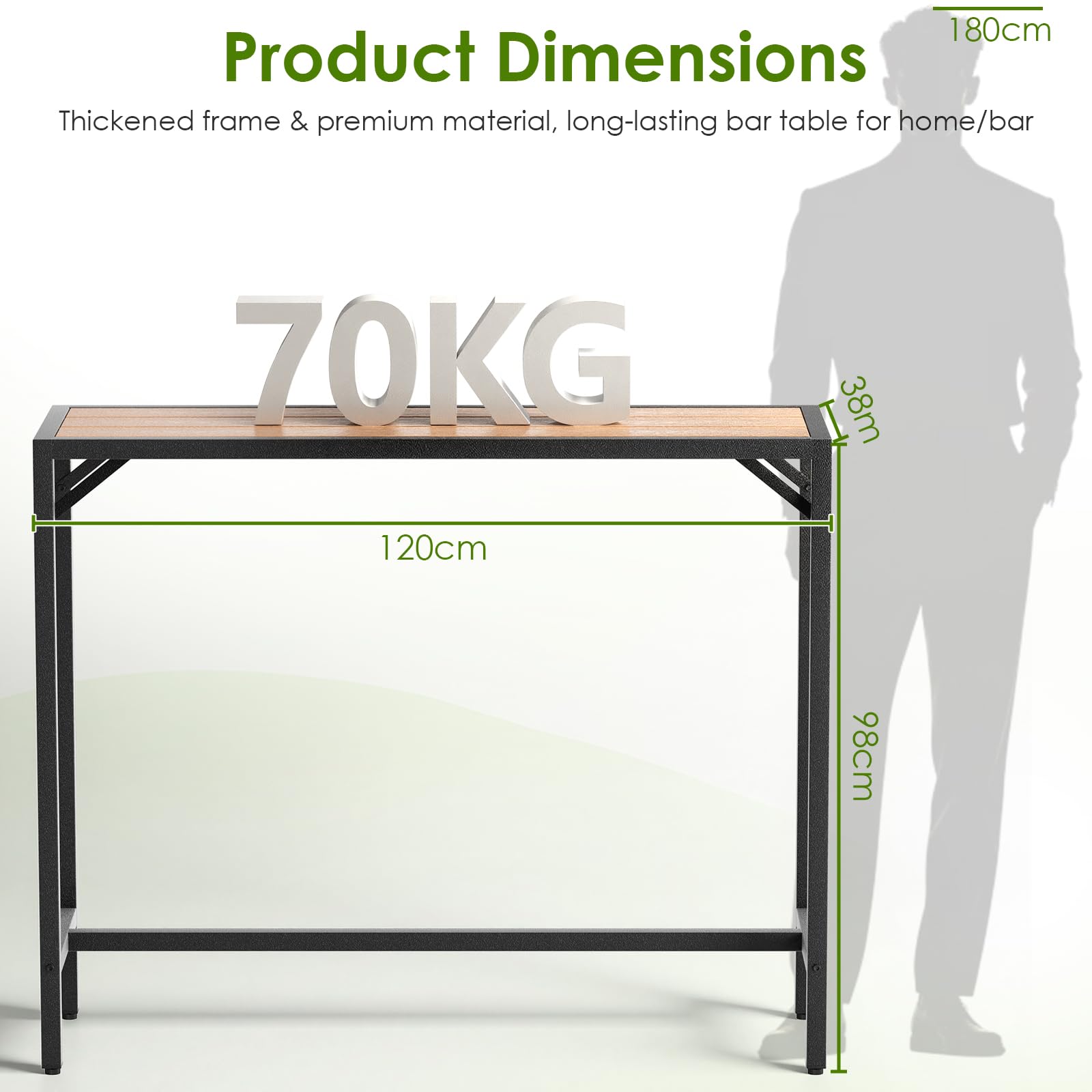 LIFERUN Mesa Alta de Bar de Exterior, 120 x 38 x 98 cm, Mesa de Bar para Jardín con Tablero Impermeable y Pies Ajustables, Mueble de Jardín para Terraza, Piscina, Salón, Comedor, Marrón