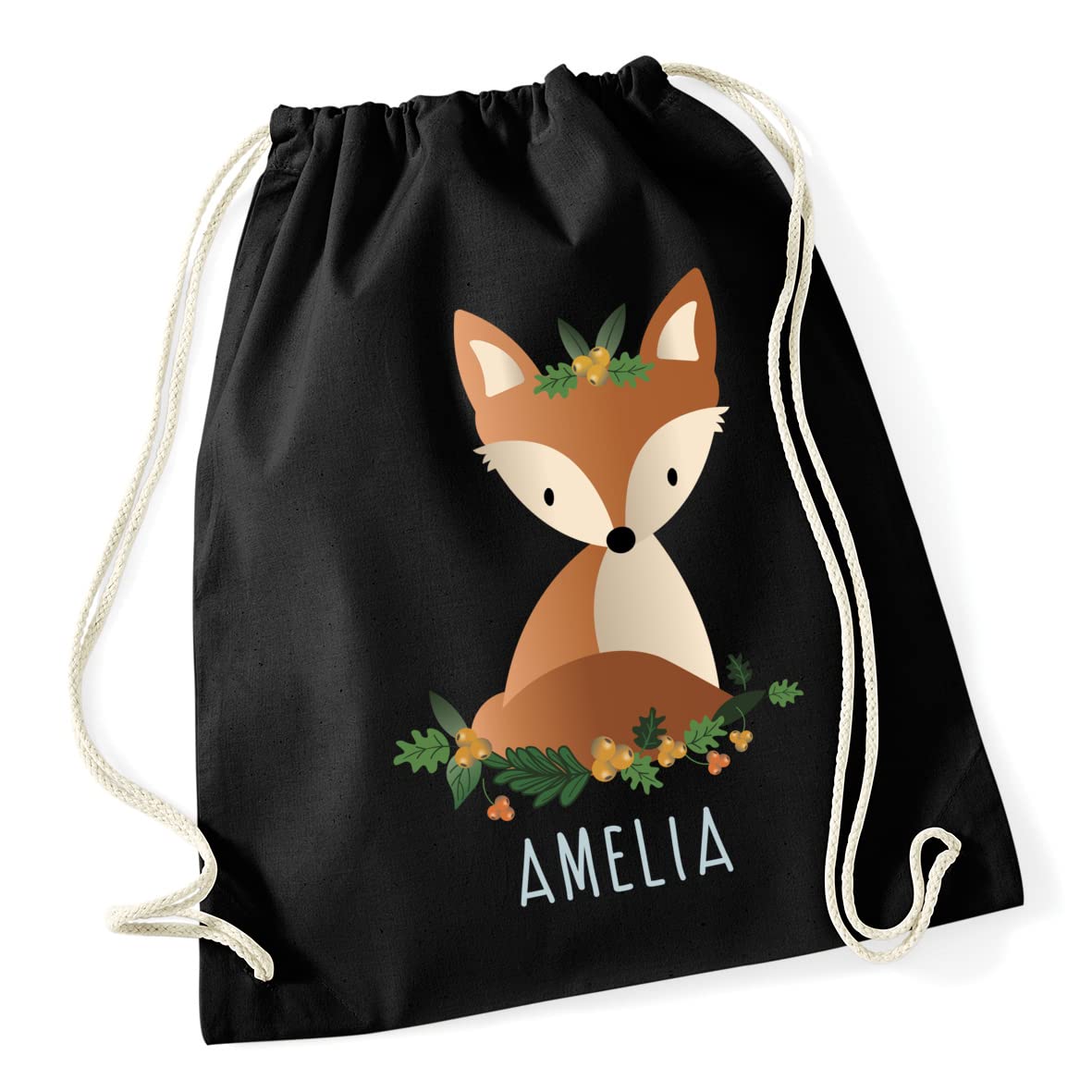 Hippowarehouse Personalised fox woodland creature Drawstring Cotton School Gym Bag 37cm x 46cm, 12 litres