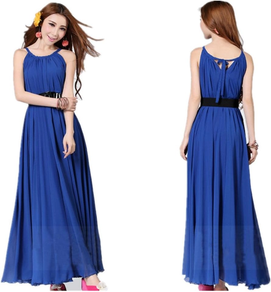 New Womens Ladies Boho Sexy Summer Beach Evening Party Long Maxi Chiffon Dress (Royal Blue)