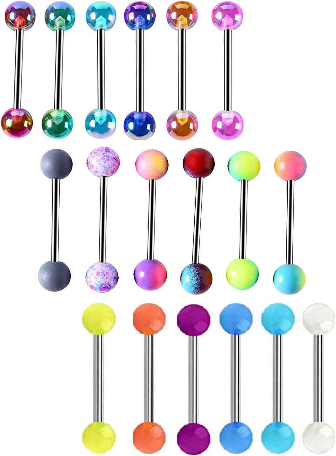 14G 18 Pcs Colorful Ball Tongue Rings Stainless Steel Barbell Tongue Straight Ring Retainer Nipple Ring Bar Length 16mm For Women Men