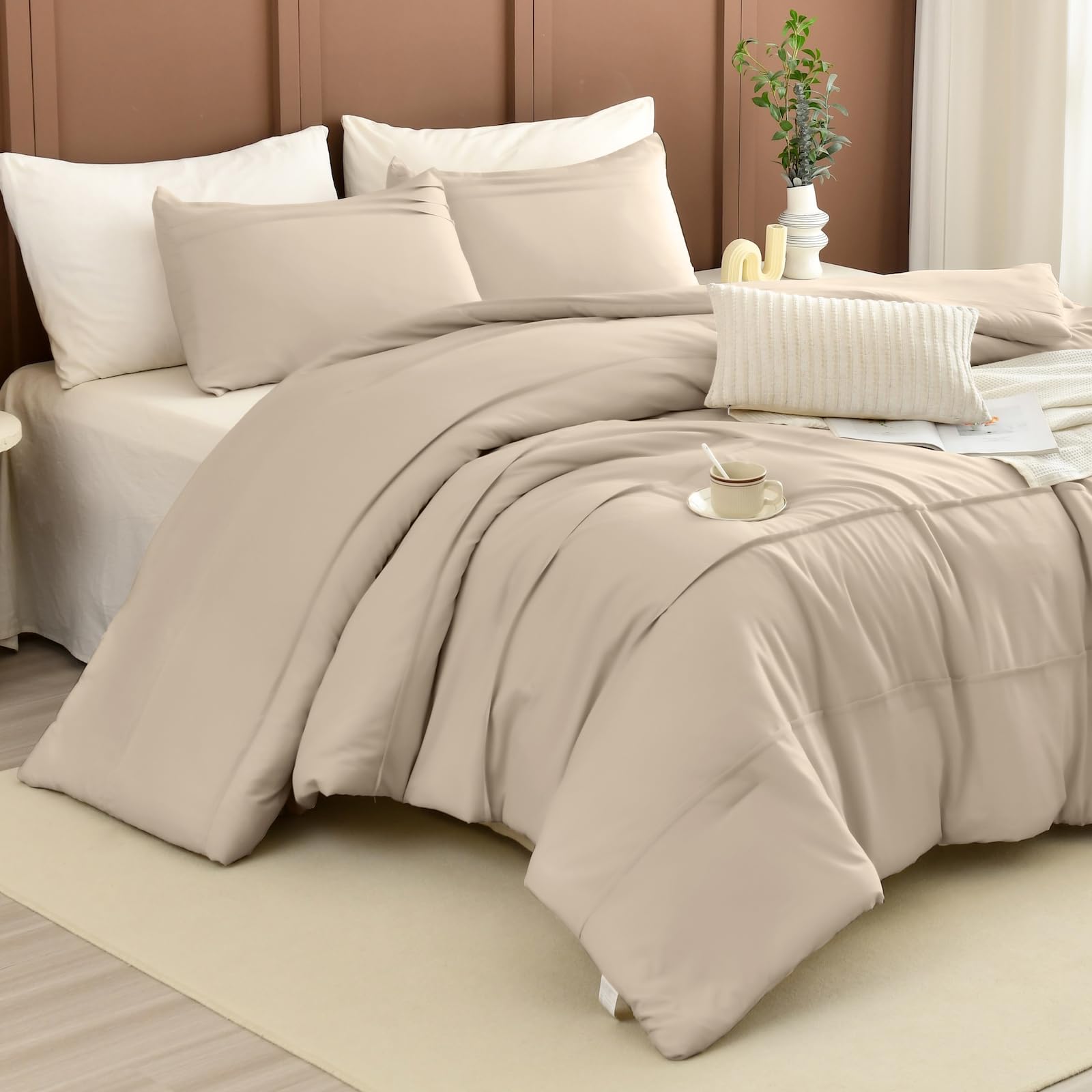masaca oversized king comforter 128x120,linen like textured pinch pleated bedding comforter set,3pcs extra large king size solid color comforter sets vintage farmhouse bedding set ultra soft