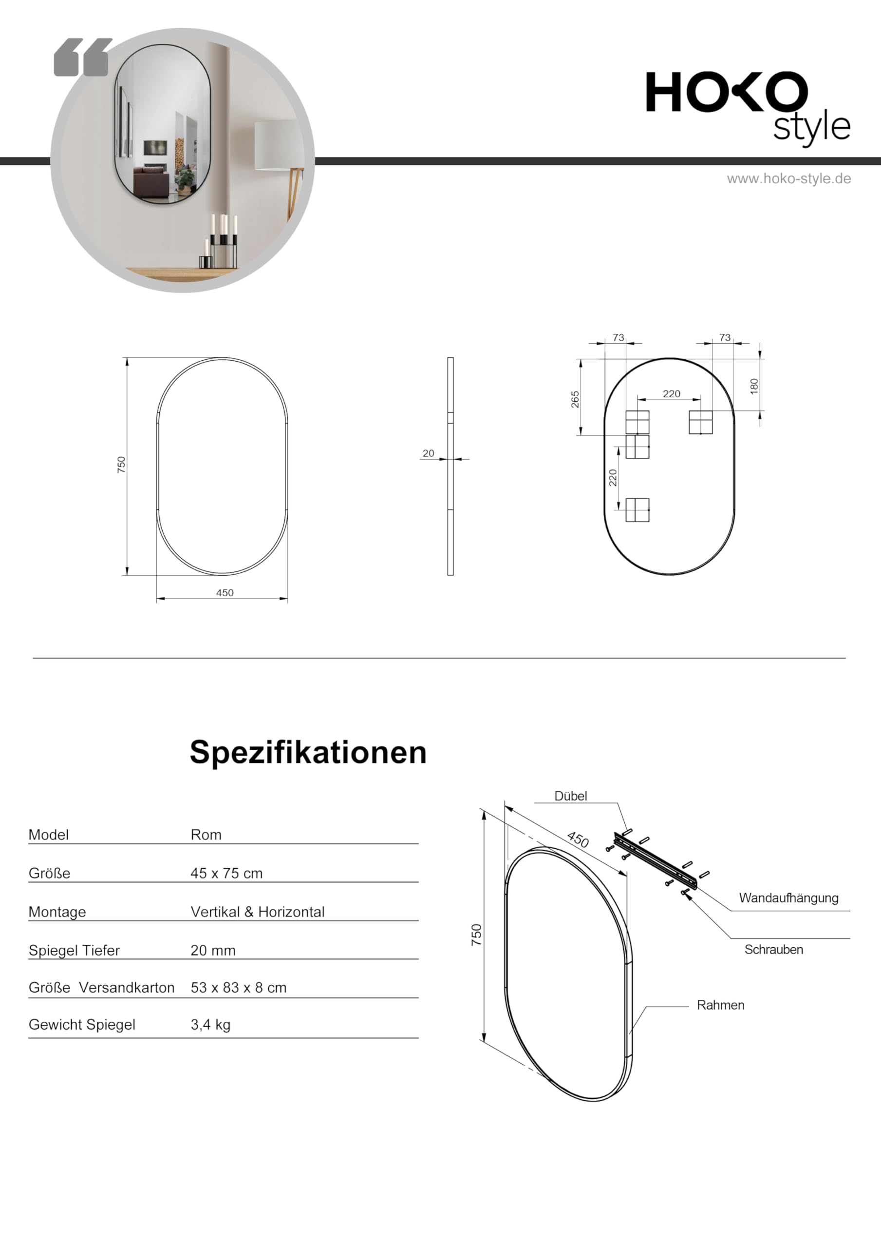 HOKO Design Wandspiegel oval 45 x 75 cm mit Metall Rahmen Matt Schwarz. HOCH und QUER Montage möglich. Ovaler Spiegel für Bad, Flur, Schlafzimmer. Designspiegel mit Rahmen für das Wohnzimmer.…