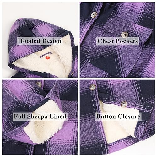 Image of ThCreasa Girls Sherpa Lined Plaid Button Hooded Jacket | Fully Interior Lined, Button Up, Flannel Outer, Family Photo Ready, School To Holiday Events, Fall Winter Shacket With Hood