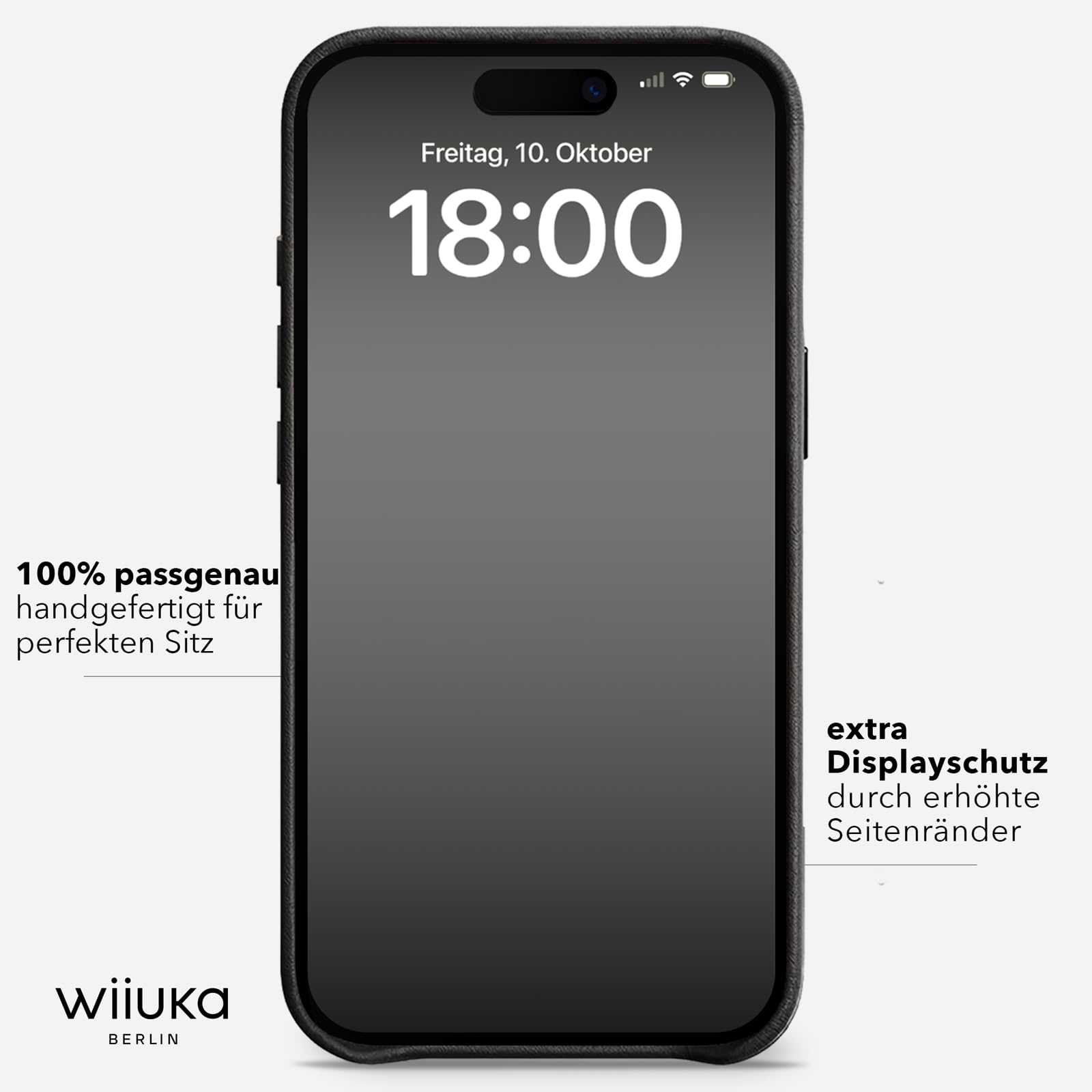 WIIUKA Hülle für iPhone 15 Pro, Leder aus Deutschland, Lederhülle extra Dünn, Premium Handyhülle, Case, Qi, Vintage Schwarz