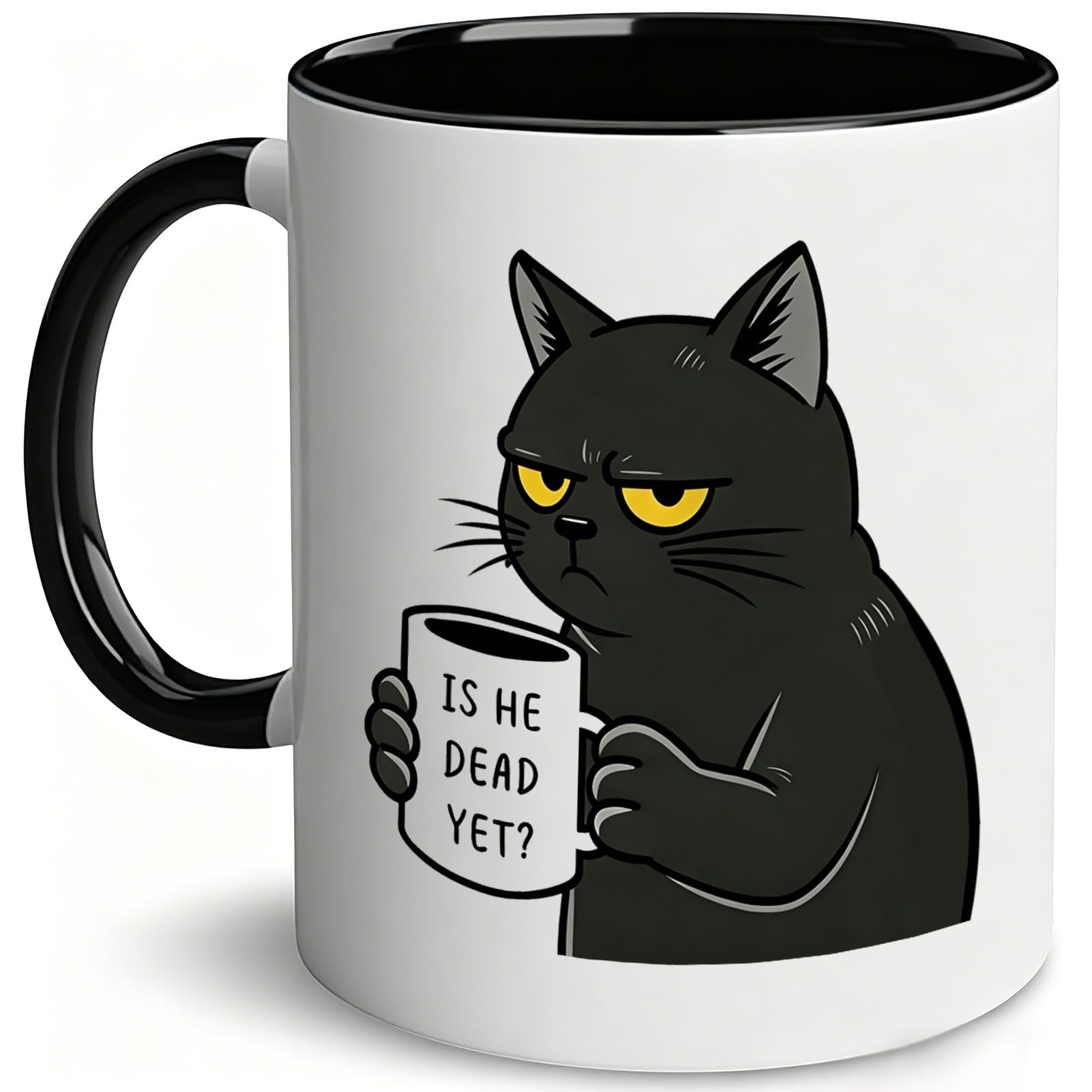 Katze Kaffee Becher Lustig, 330 ml IS HE DEAD YET Katzentasse für Mann Frau, Lustige Tassen Kaffeetassen für Mama Papa Freunde Opa, Witzige Tassen Kaffee Becher Geschenke für Geburtstag Arbeit Büro