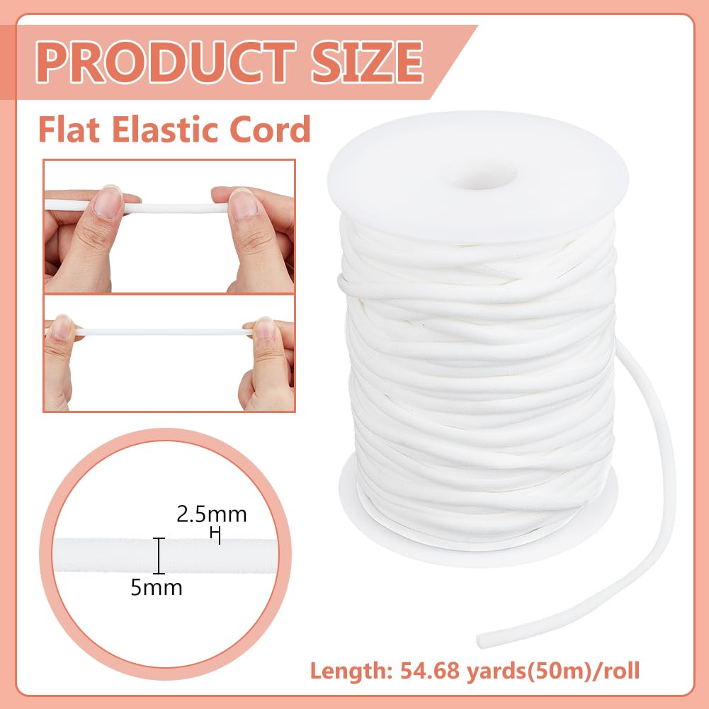 BENECREAT Cordino Elastico Piatto Da 50 m, Corda Elastica Morbida Da 5mm per Cucire con Rocchetto di Plastica per Realizzare Bikini, Costumi Da Bagno e Accessori per Capelli, Bianco