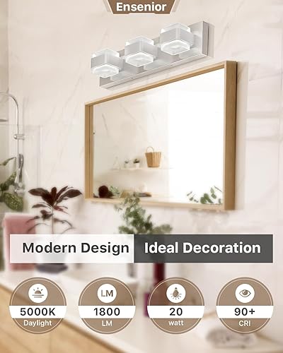 Miniatura 2 de Ensenior Lámparas de baño, luces LED regulables para tocador sobre el espejo, CRI 90, acero inoxidable acrílico, luz diurna de 5000 K, 3 luces para