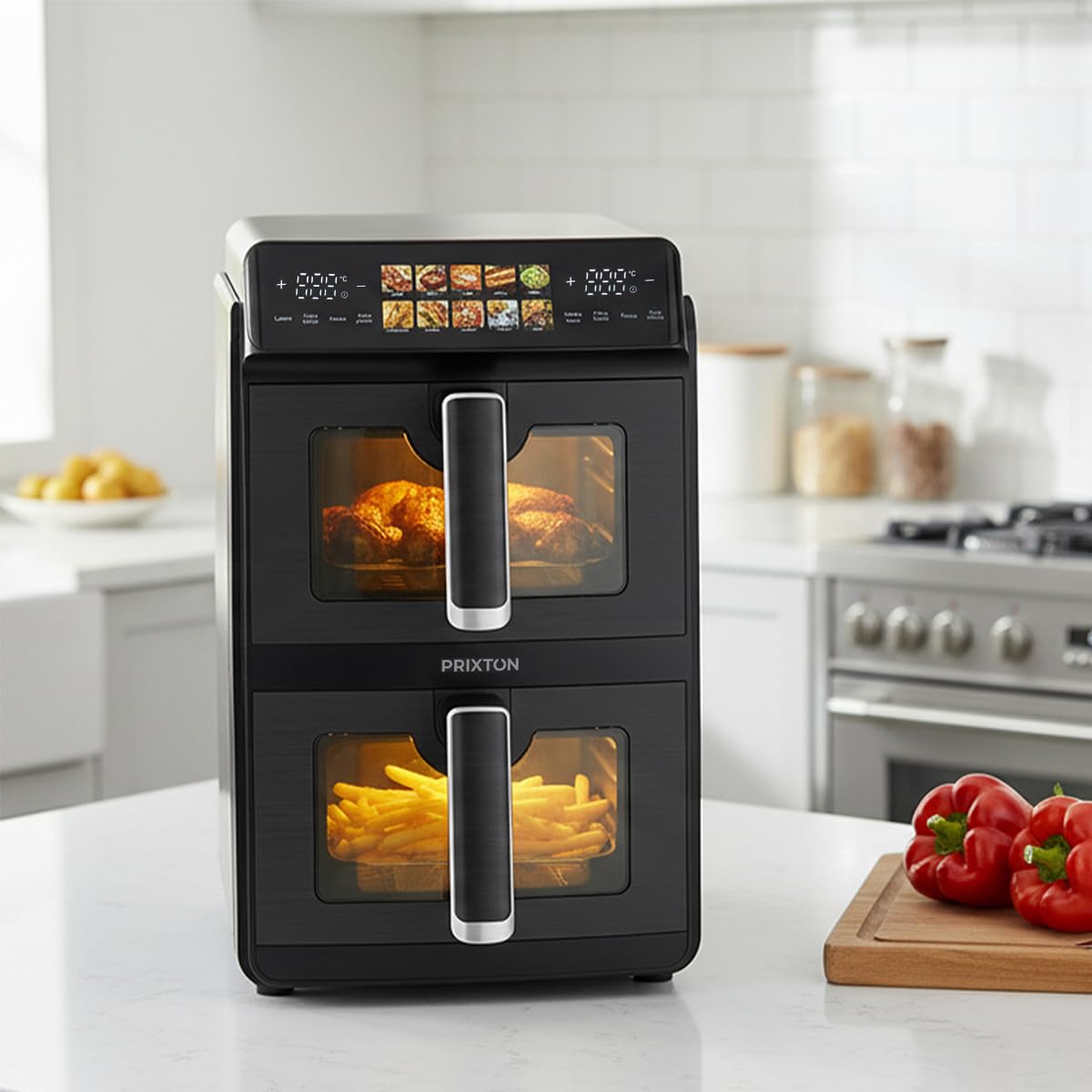 PRIXTON Friteuse à air verticale 10 L avec Double Panier 5 L + 5 L, 2600 W, Air fryer sans huile avec 2 Paniers indépendants, écran LED tactile, 10 Programmes, 80–200 °C, Fenêtre et éclairage
