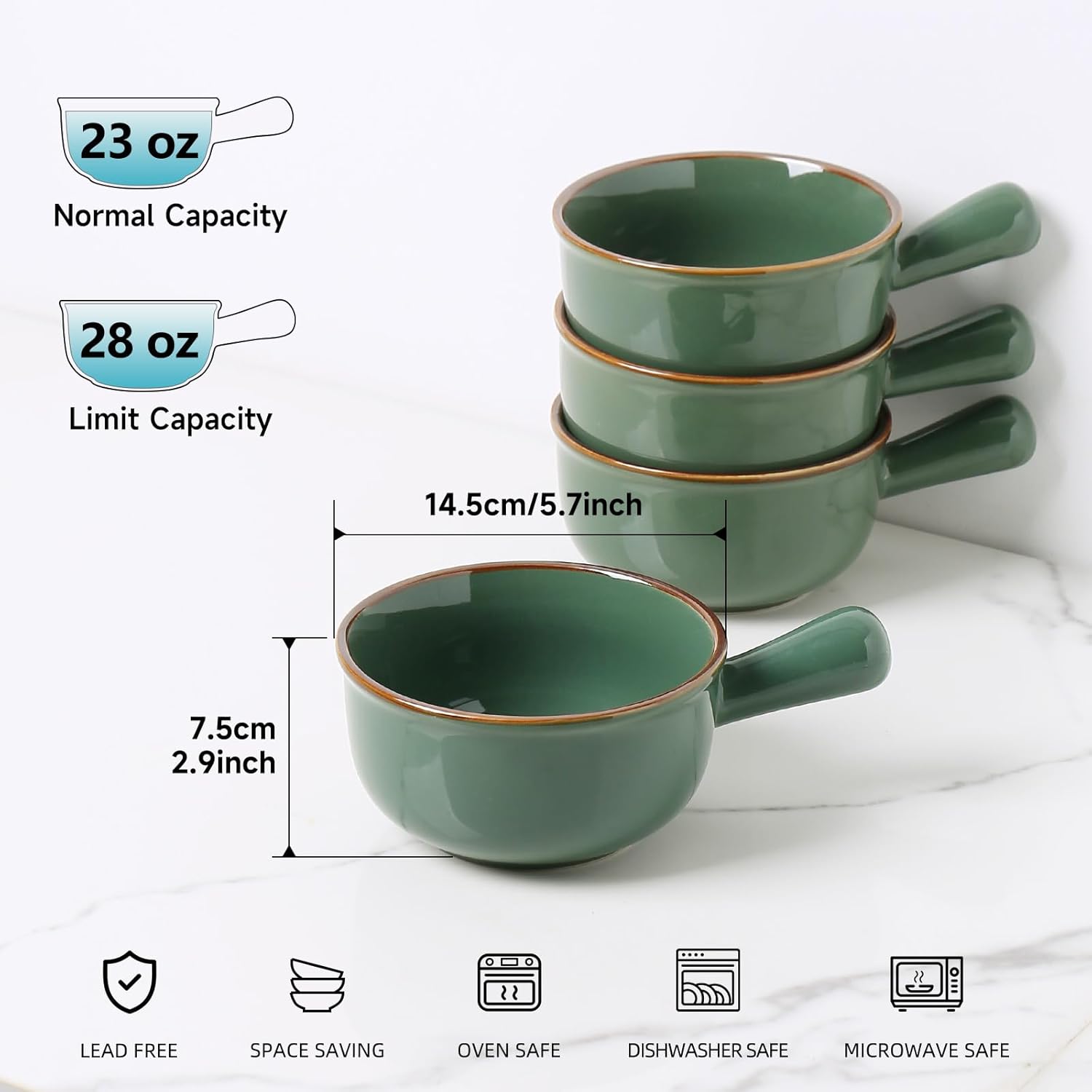 MONITO 28 Oz French Onion Soup Bowls, Ceramic Soup Bowls with Handles, Stackable Soup Crocks, Oven/Microwave/Dishwasher Safe, for Cereal, Soups, Casseroles, Dark Green