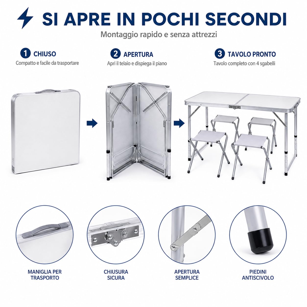 Generico Tavolo Pieghevole da Campeggio con 4 Sgabelli Inclusi, Tavolo Picnic Portatile Richiudibile con Altezza Regolabile 55/62/70 cm, Tavolo da Giardino Campeggio Pesca BBQ Escursioni 120x60 cm