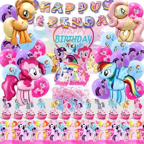 Kit Anniversaire Pony - 50 Pcs Décoration Little Pony Avec Ballons, Toile De Fond, Nappe Et Déco...
