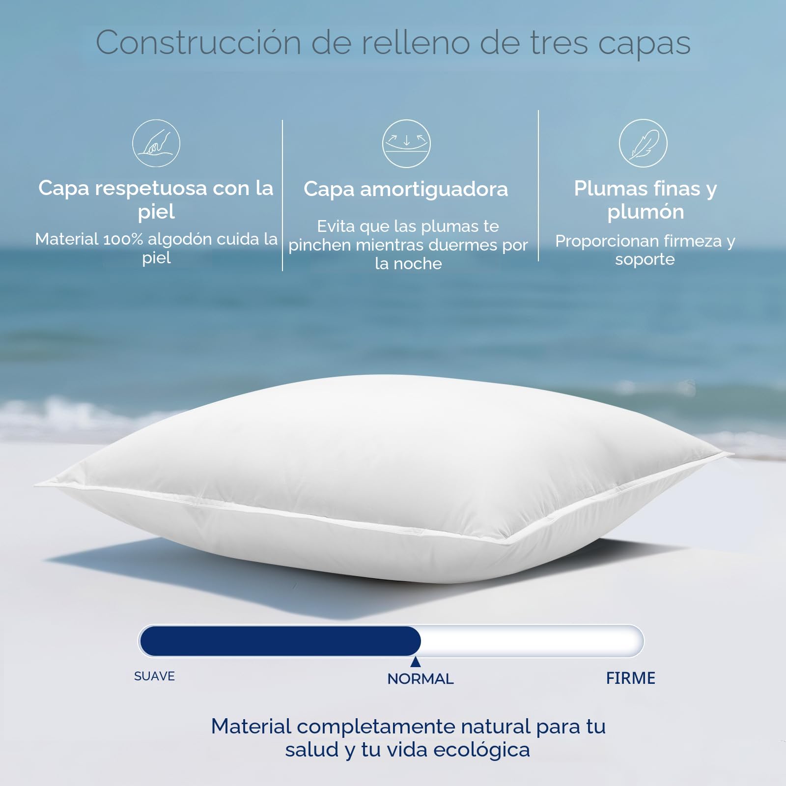 Almohada de Plumón 40x80 Almohada Plumas 40x80 cm Almohada para Dormir de Hotel de 3 Cámaras, Funda 100% Algodón y Relleno de Pluma, Certificado Ökotex (800 g, 1 Unidad)
