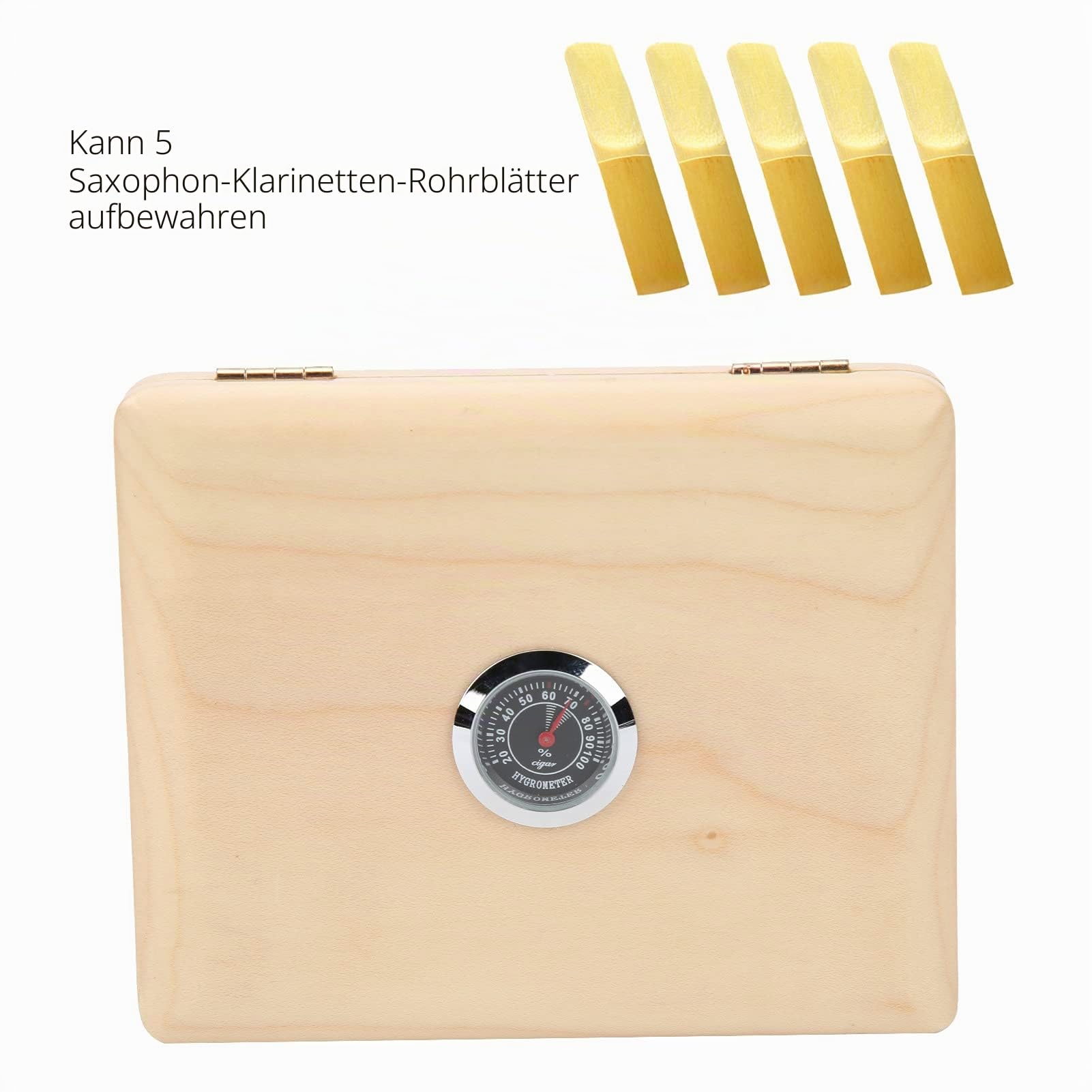 Blattetui, Mit Hygrometer und Natürliche Holzfarbe, Saxophon Klarinette 5-Blatt Etui Halter für professionelle Musiker, Schüler, Hobbyisten, Konzerte, Proben, tägliche Übungen