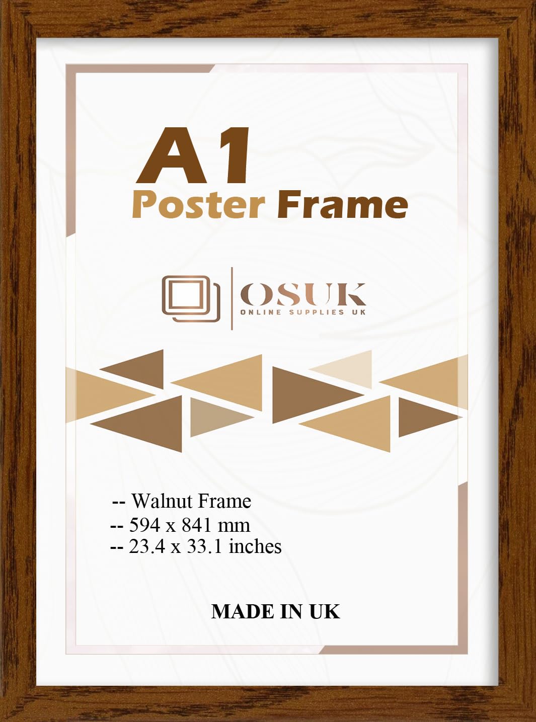 Osuk Online Supplies Uk Walnut Osuk A1 Poster Frame - A1 (59.4 X 84.1Cm) Photo Frame With Perspex Front & Wall Mounting Hooks To Hang Landscape Or Portrait - Large A1 Picture Frame
